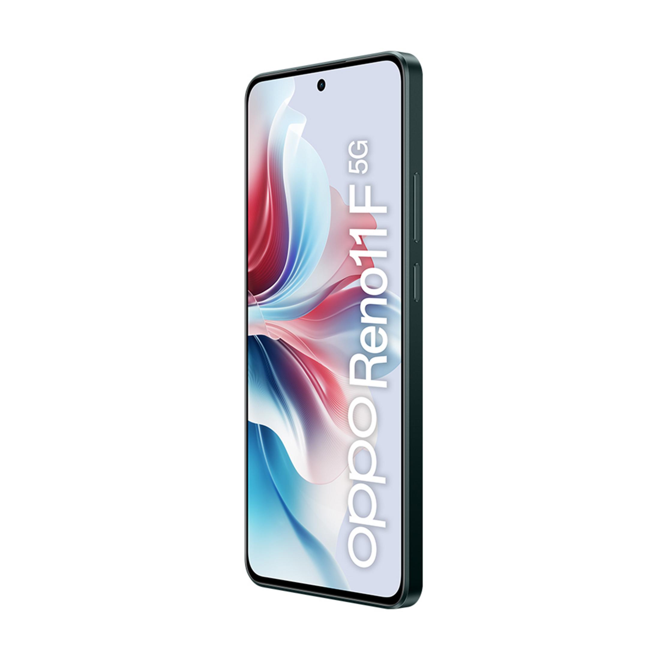 Ciemny smartfon Oppo Reno11 5G z abstrakcyjną tapetą na ekranie.