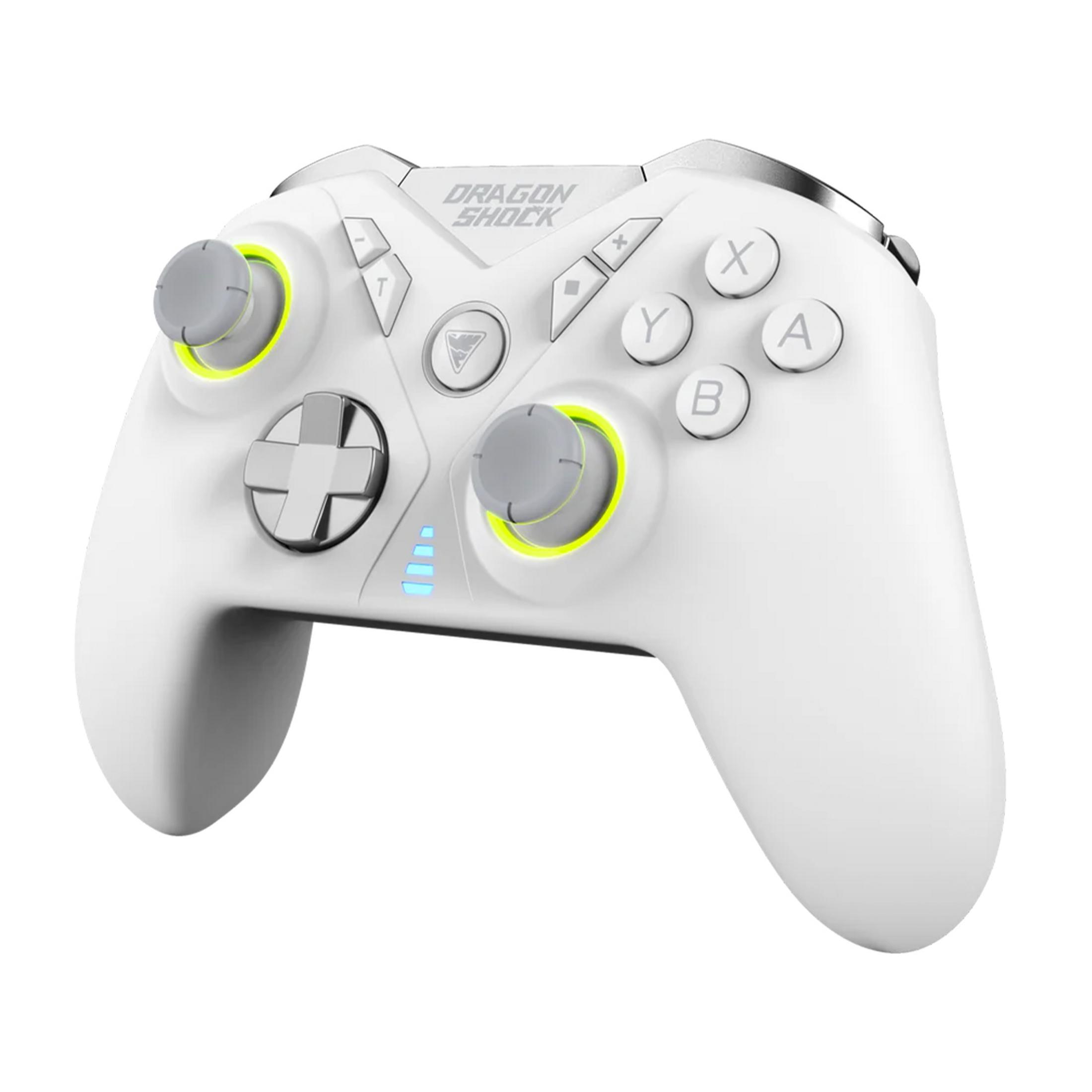 Ein weißer Gaming-Controller mit blauen Lichtern und gelben Akzenten.