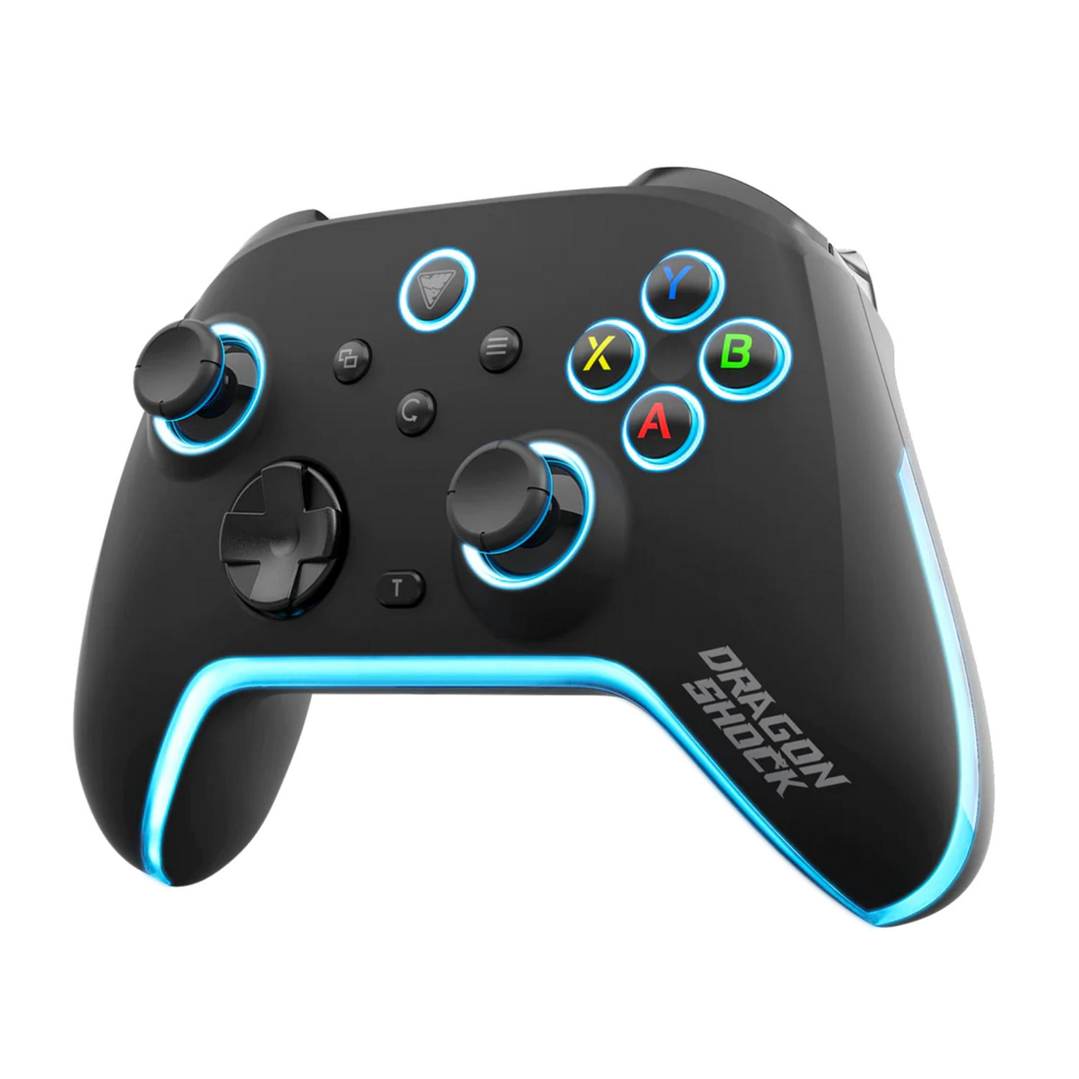 Mando de juegos negro con luces y botones azules.
