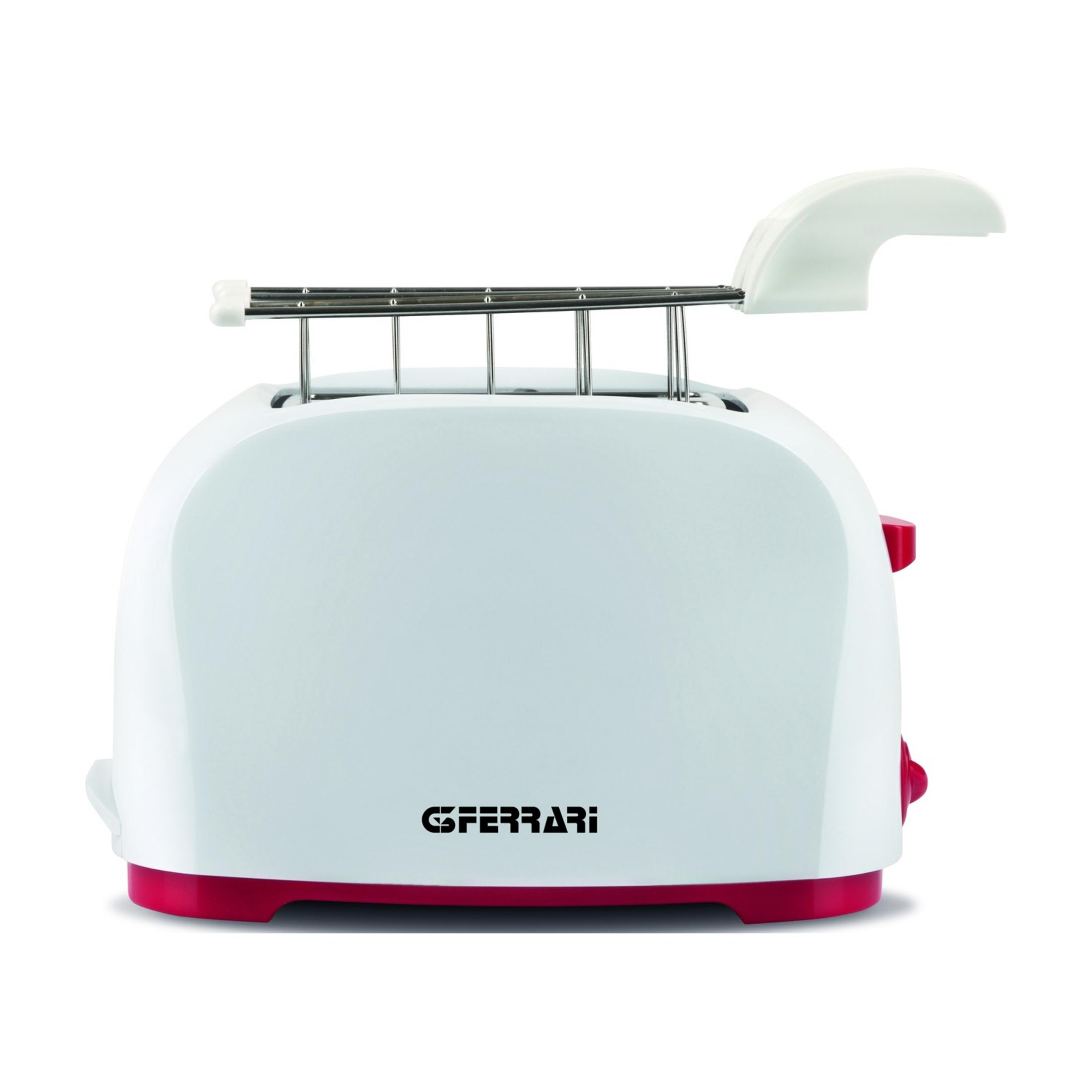 Ein weißer Toaster mit roten Akzenten und einem G-FERRARI-Logo.