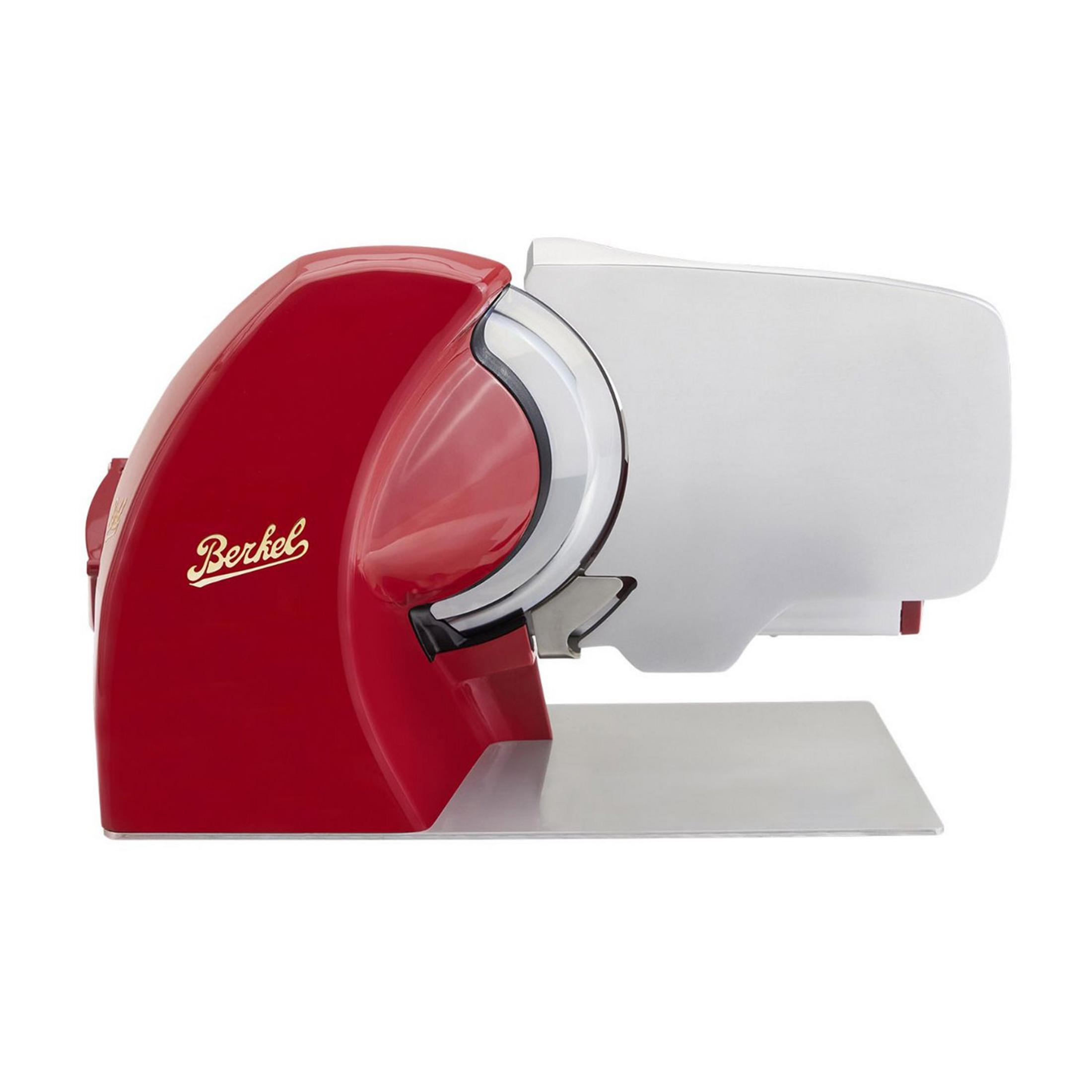Un'affettatrice Berkel rossa con base argentata.