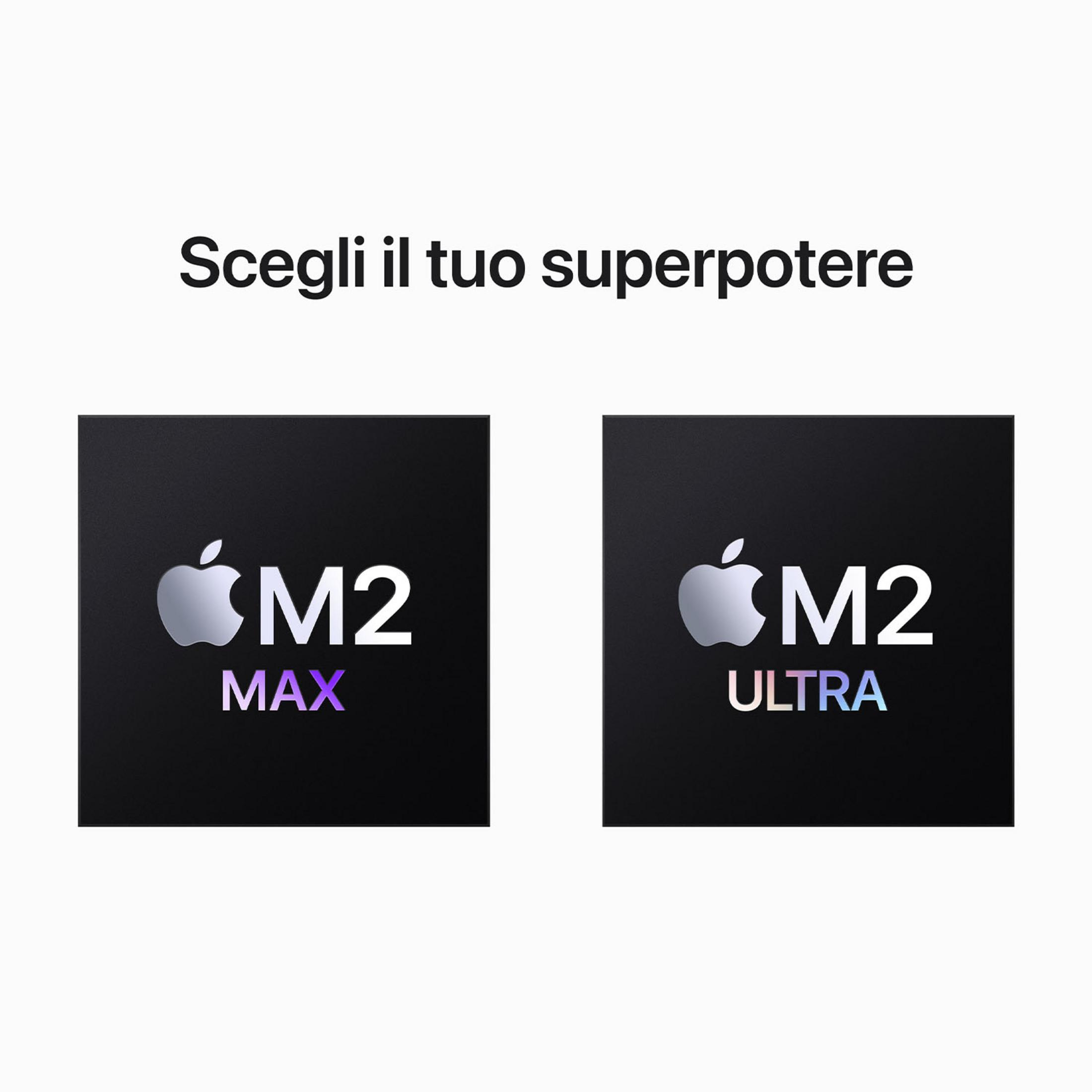 Due quadrati neri con logo Apple e M2 Max/Ultra. Scegli il tuo superpotere.