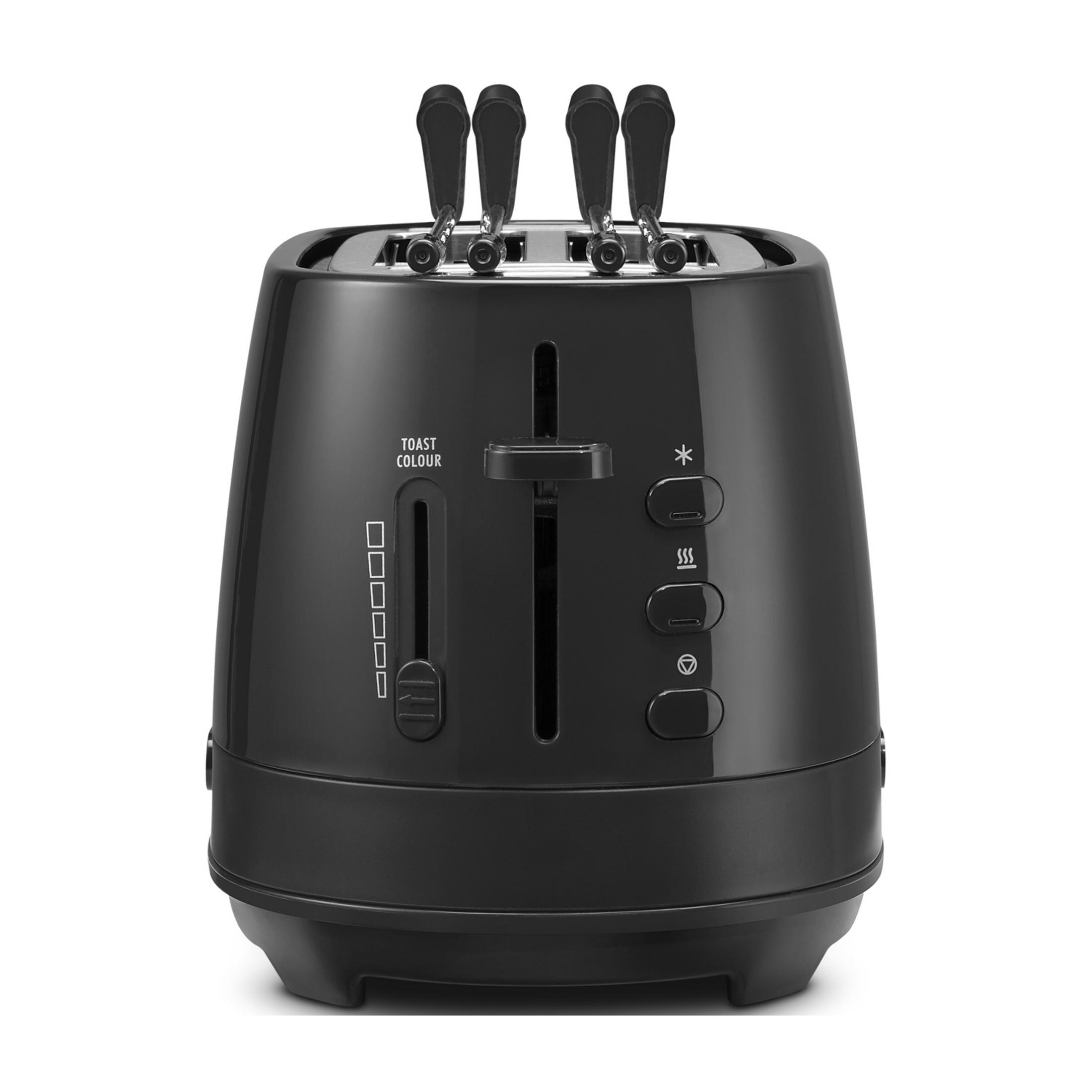 Czarny toster na cztery kromki z przyciskami i dźwigniami.