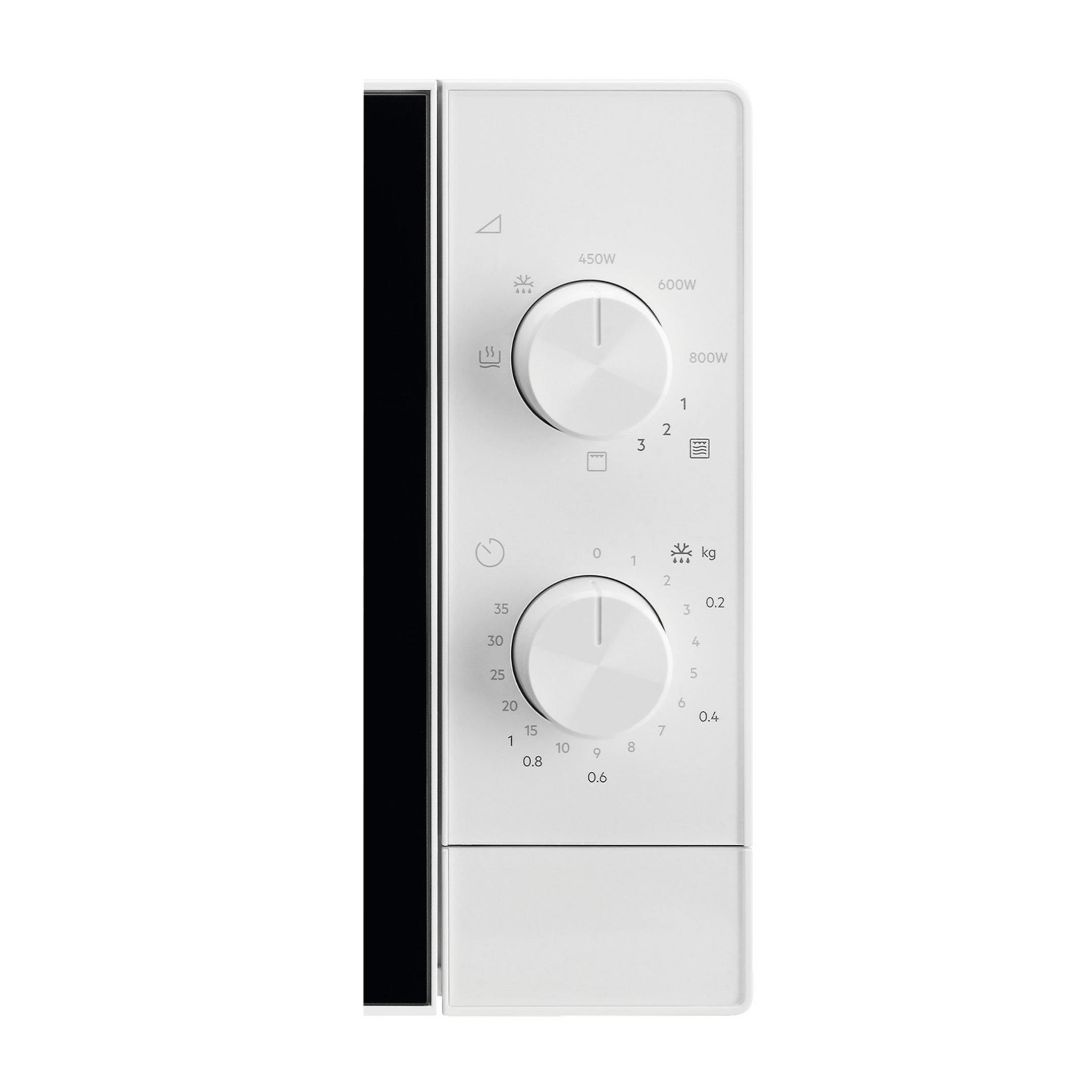 Zbliżenie białego panelu sterowania kuchenki mikrofalowej z dwoma pokrętłami.