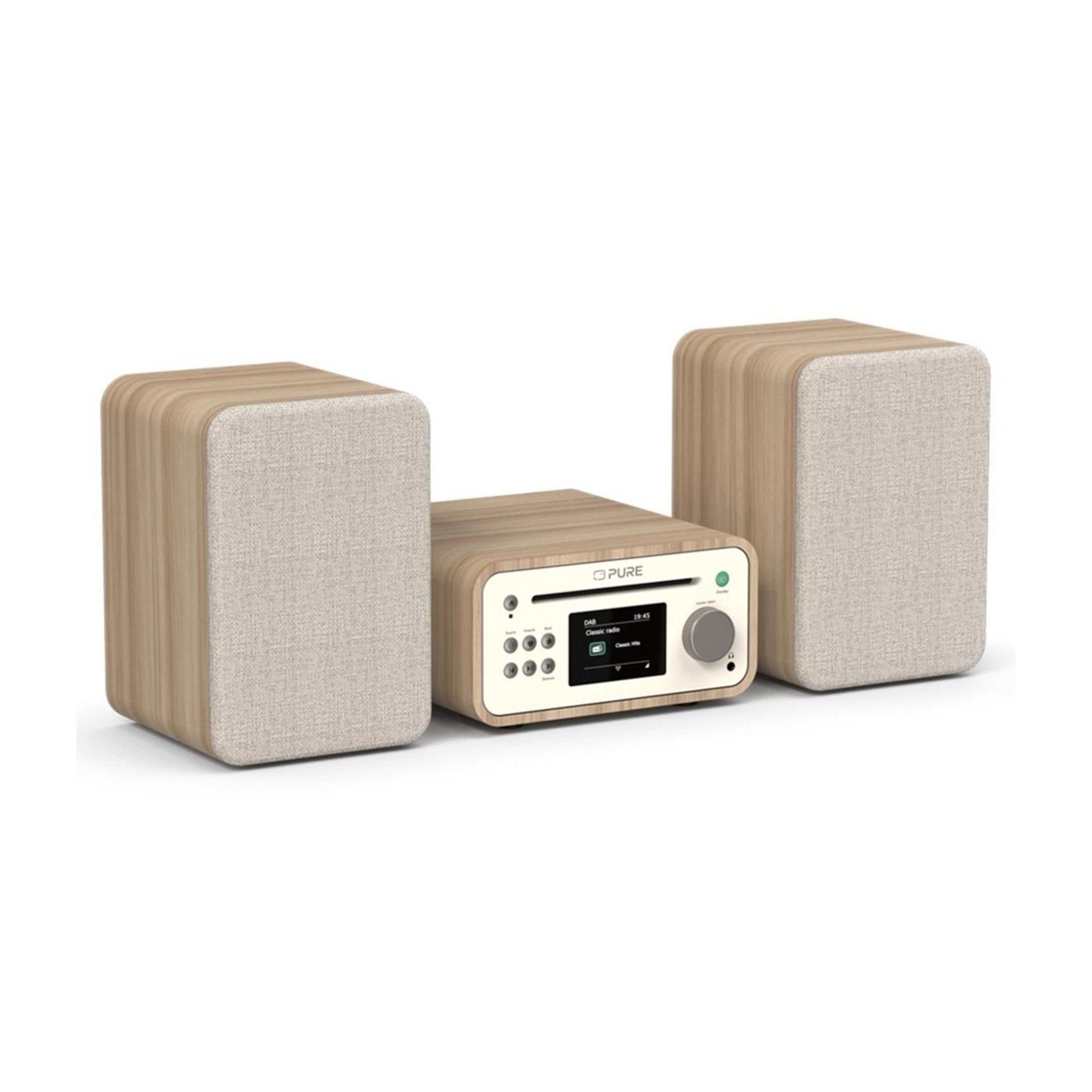 Una radio in legno con due altoparlanti su sfondo bianco.