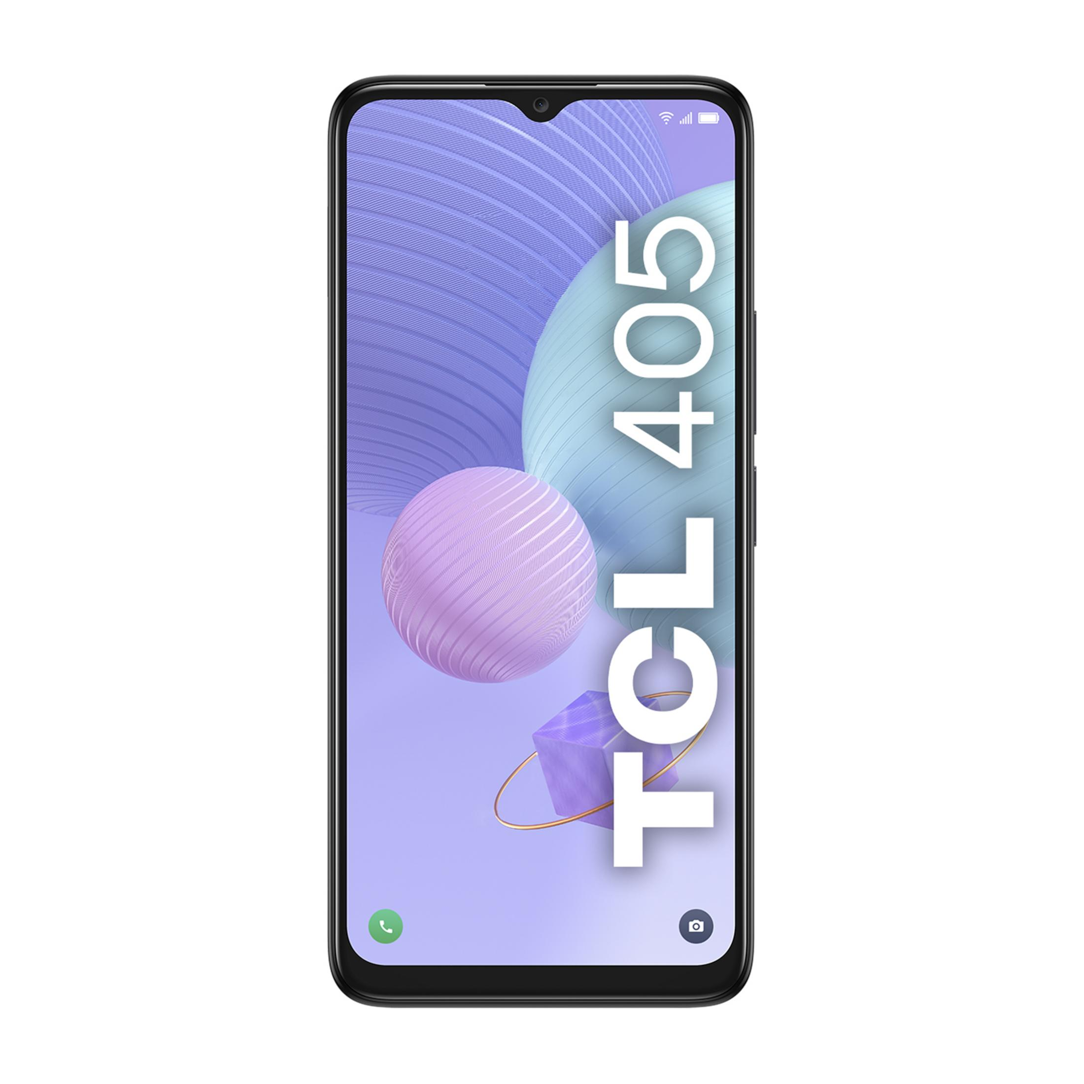 Un teléfono inteligente que muestra 'TCL 405' con formas abstractas.
