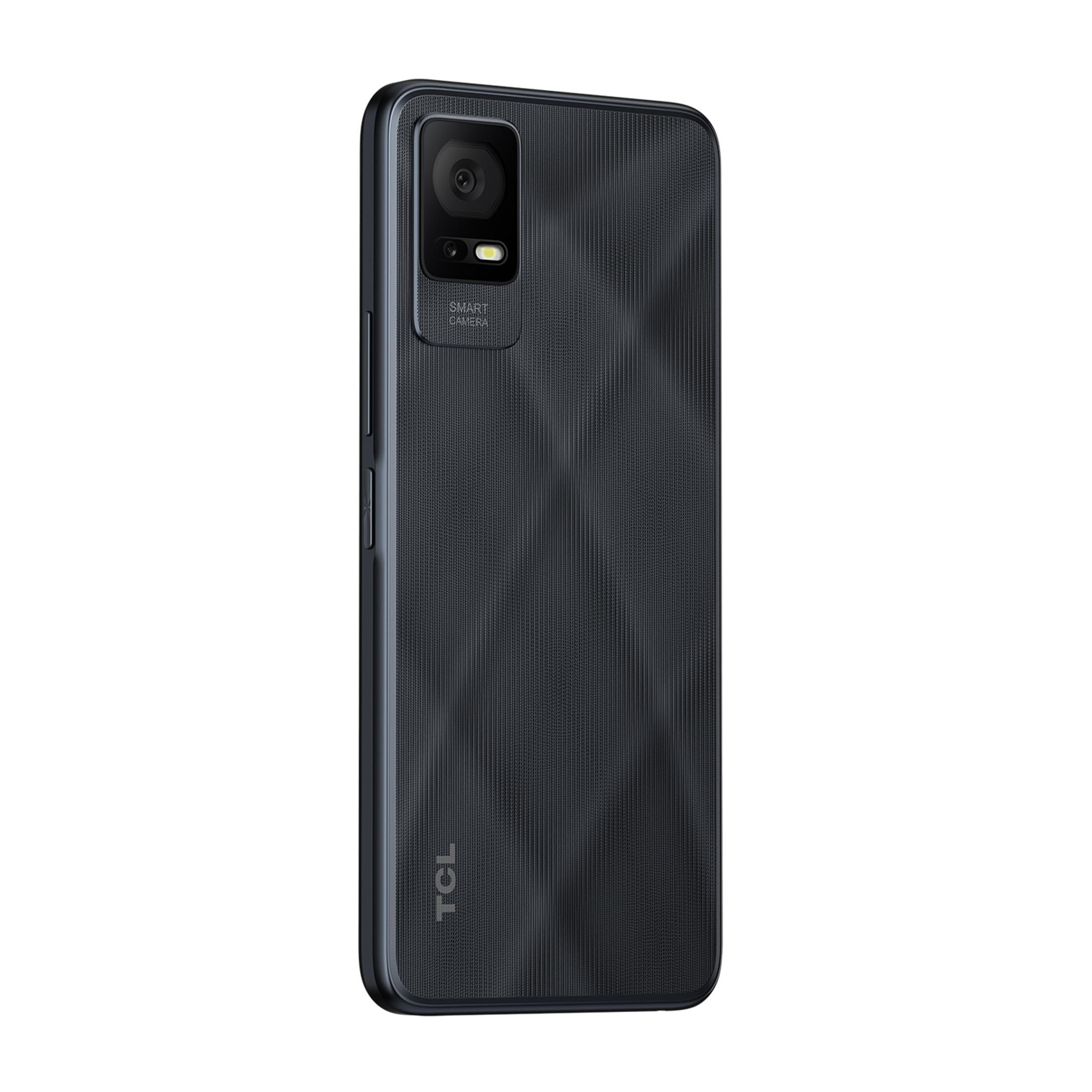 Teléfono inteligente gris oscuro con cámaras traseras y logo TCL.