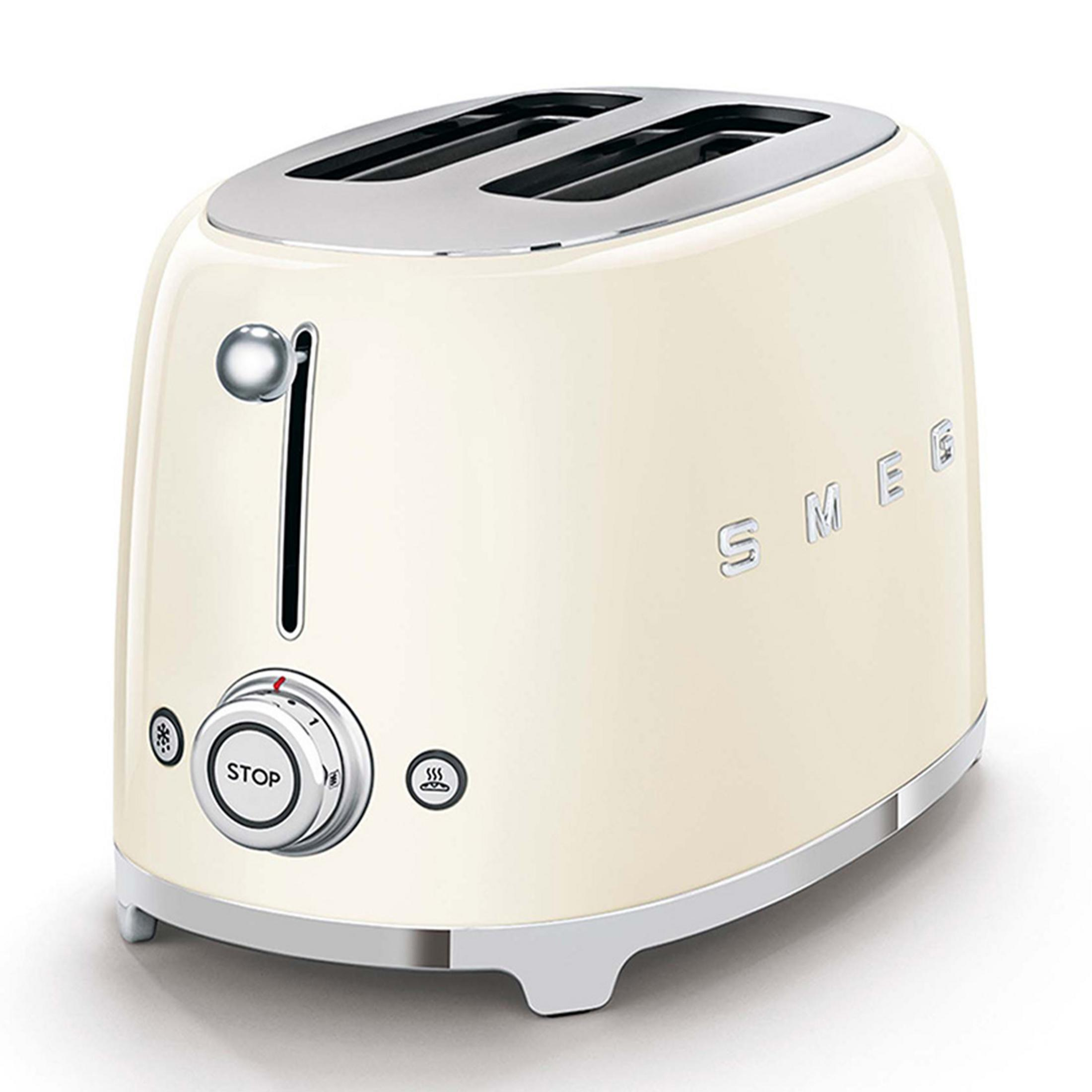 Eine cremefarbene SMEG-Toastmaschine mit silbernen Akzenten und Bedienelementen.