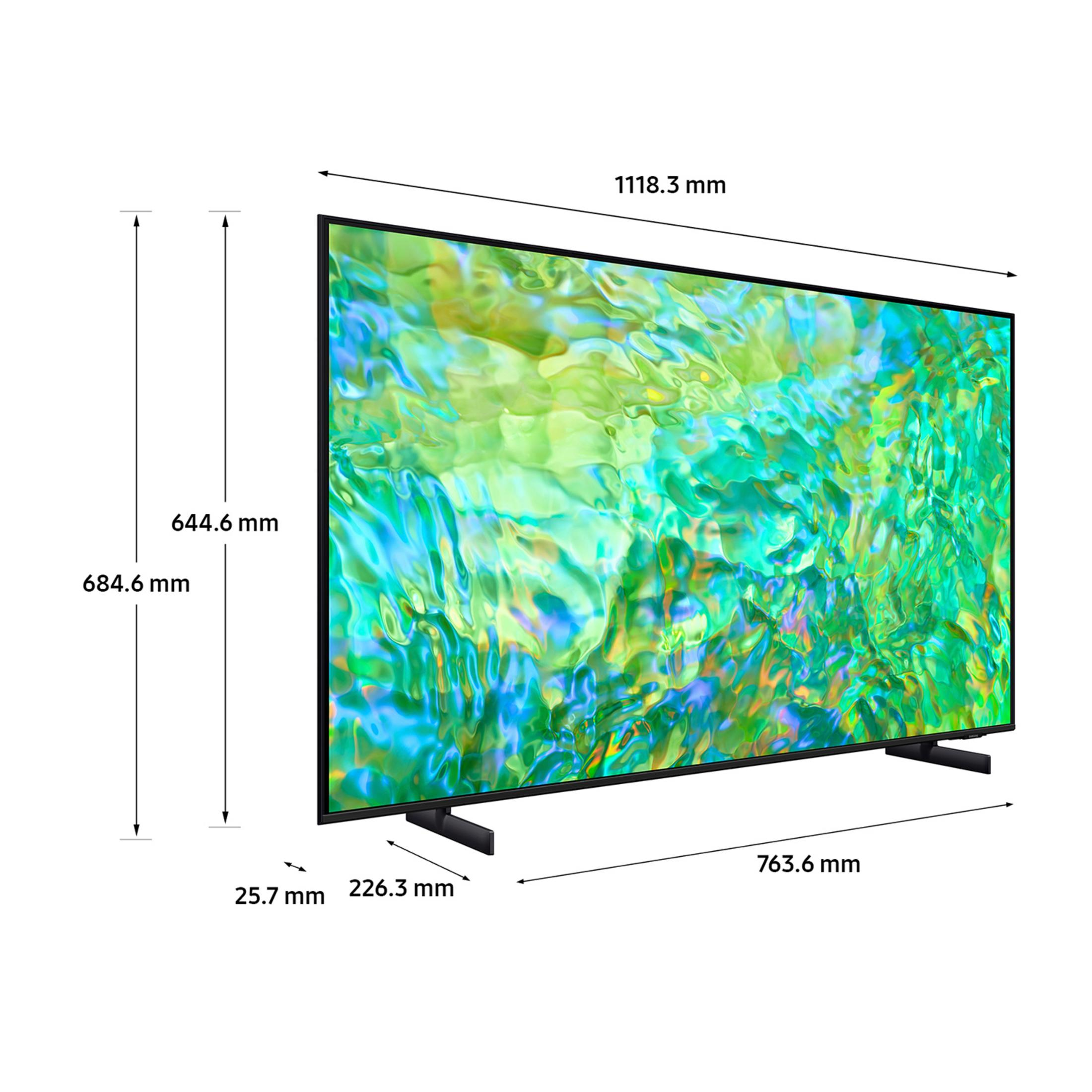 Una TV moderna con motivo verde e dimensioni.