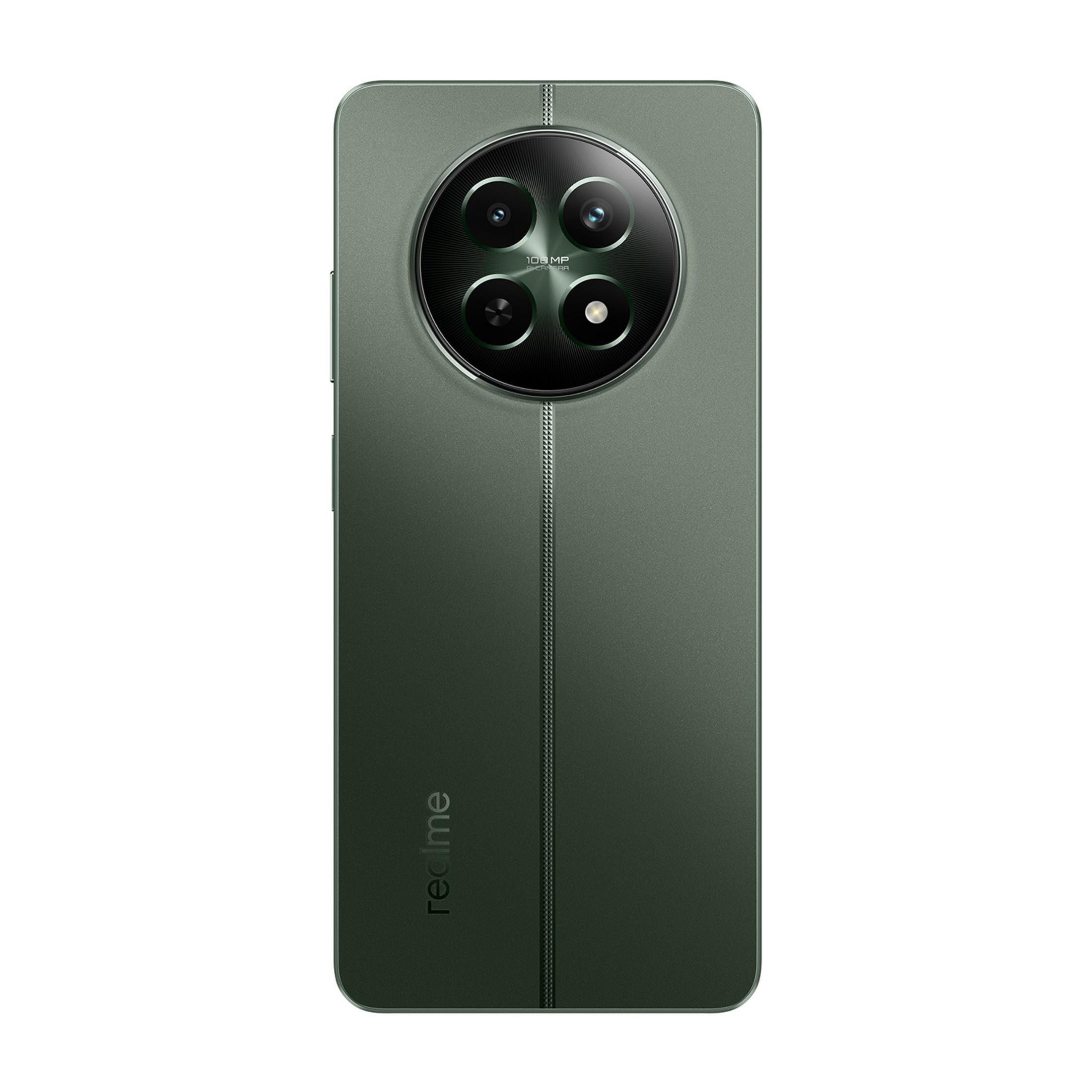 Un smartphone verde con un módulo de cámara redondo y el logo de Realme.