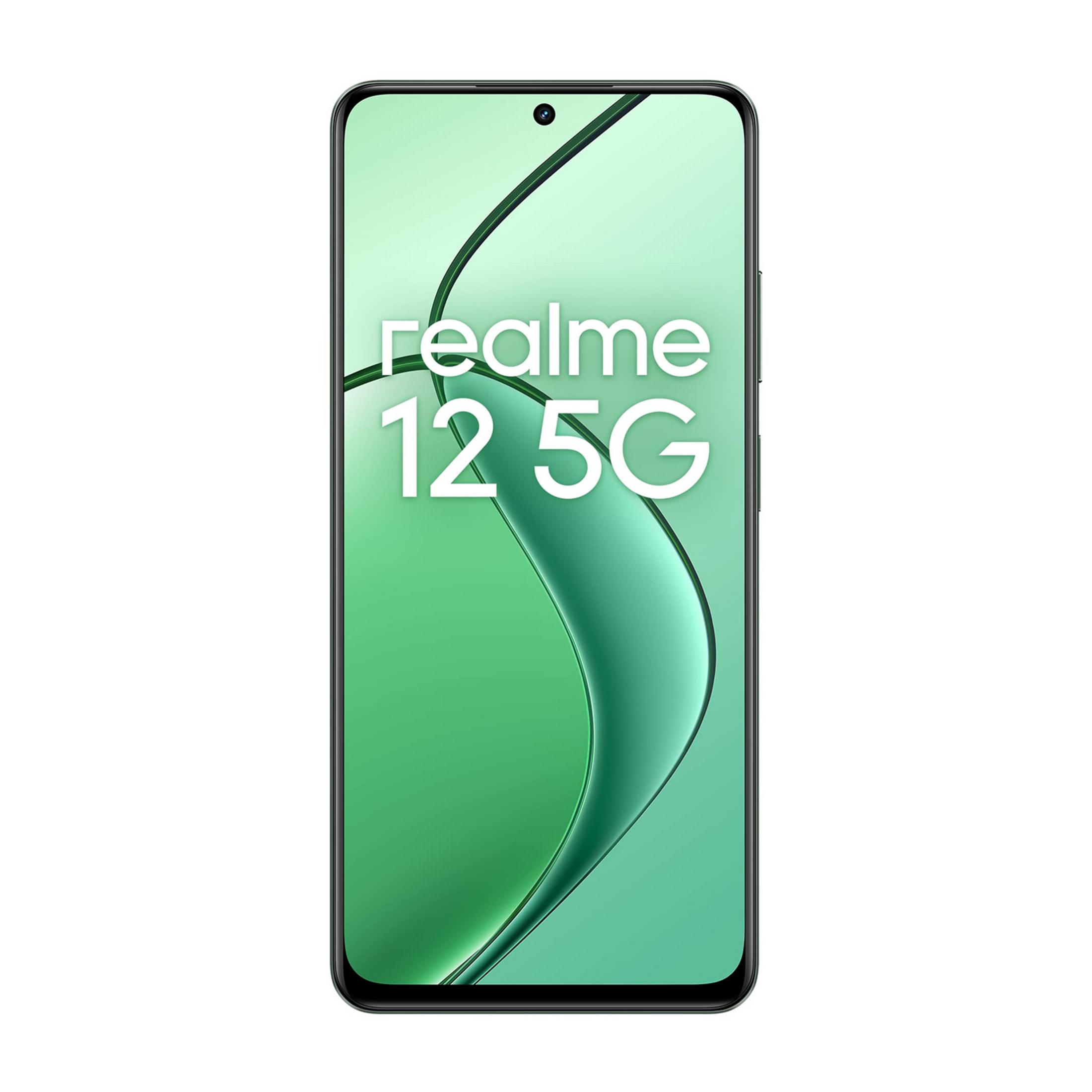 Un smartphone Realme 12 5G con fondo verde y texto.
