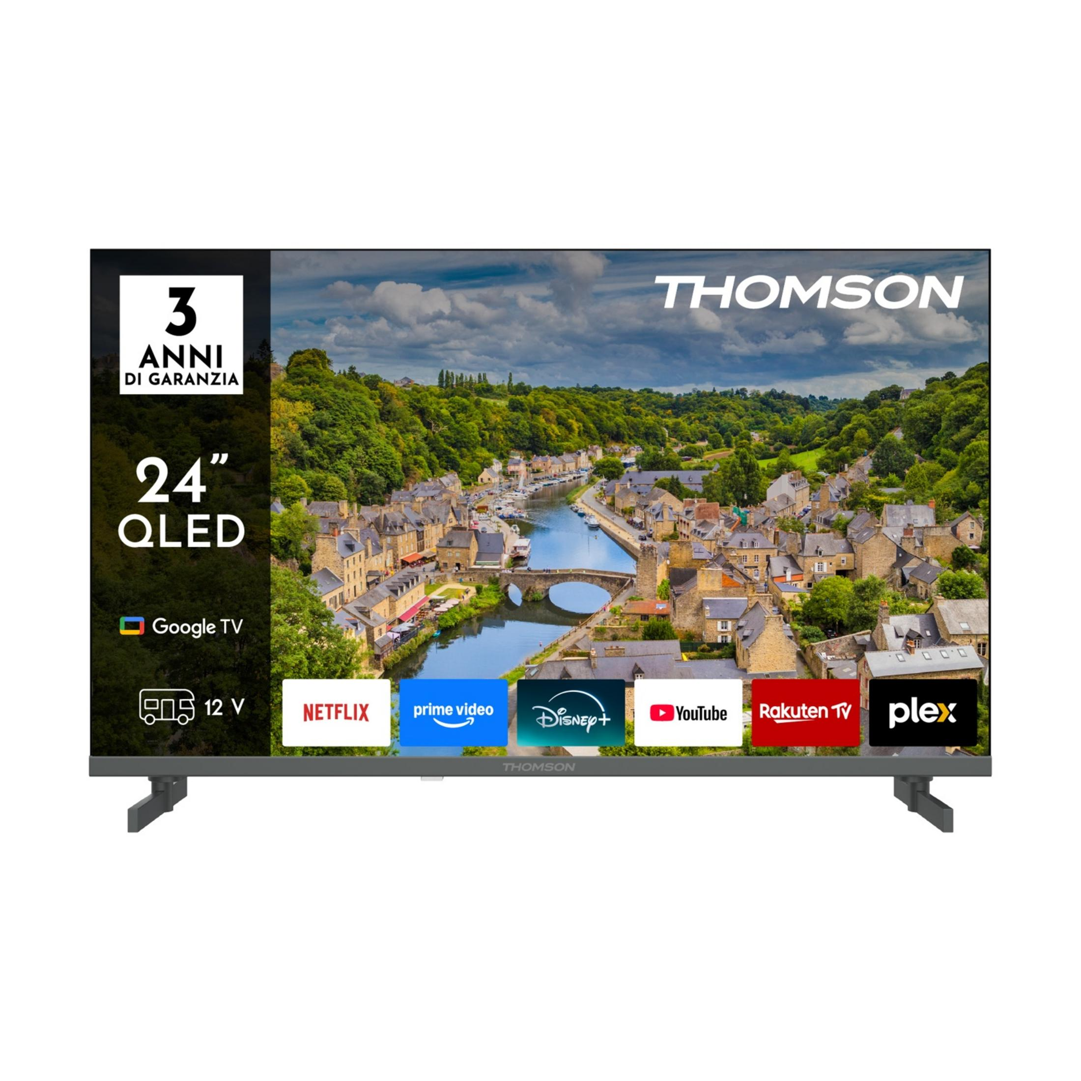 Un TV Thomson QLED da 24 pollici con Google TV e app.