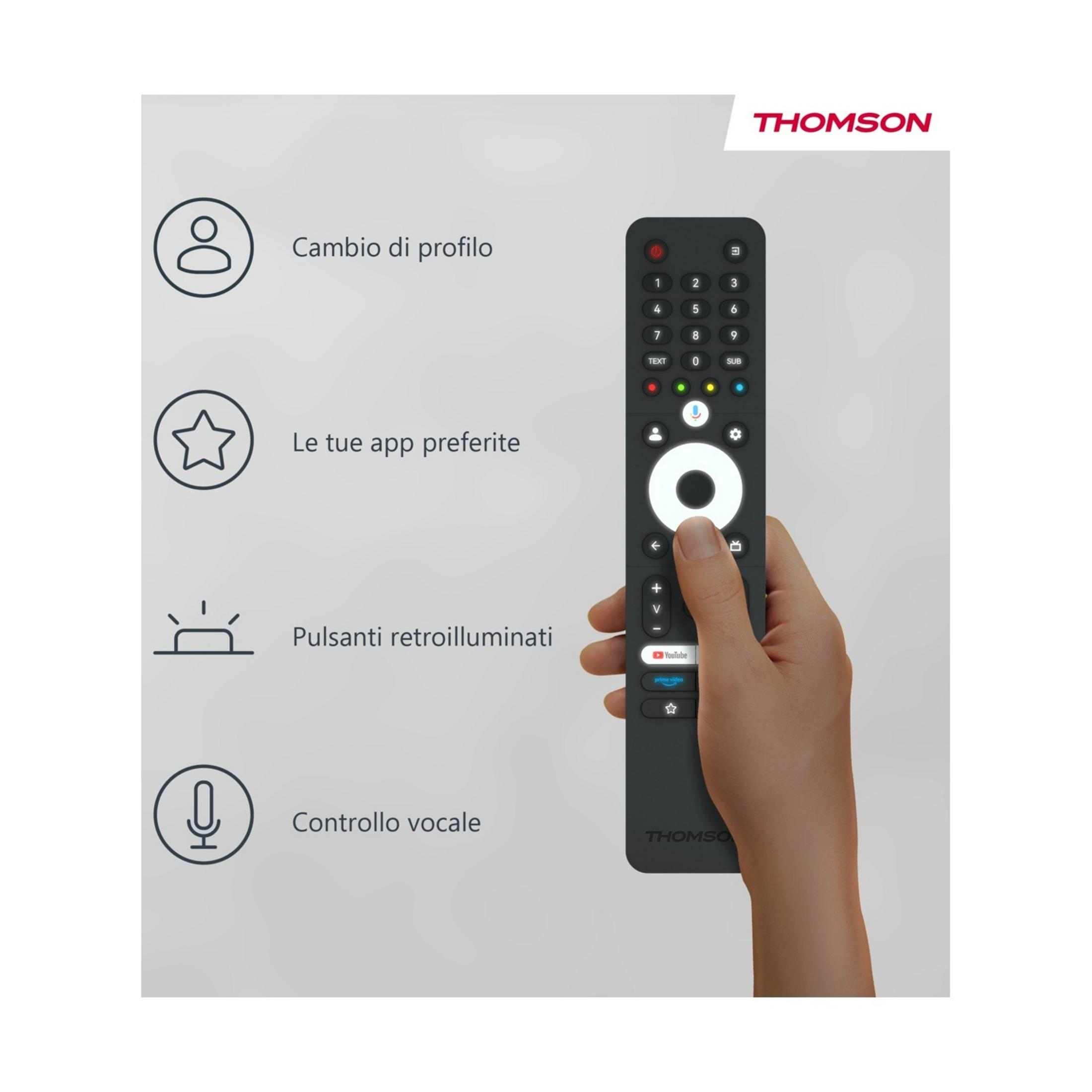 Un telecomando Thomson nero con pulsanti retroilluminati e una mano.
