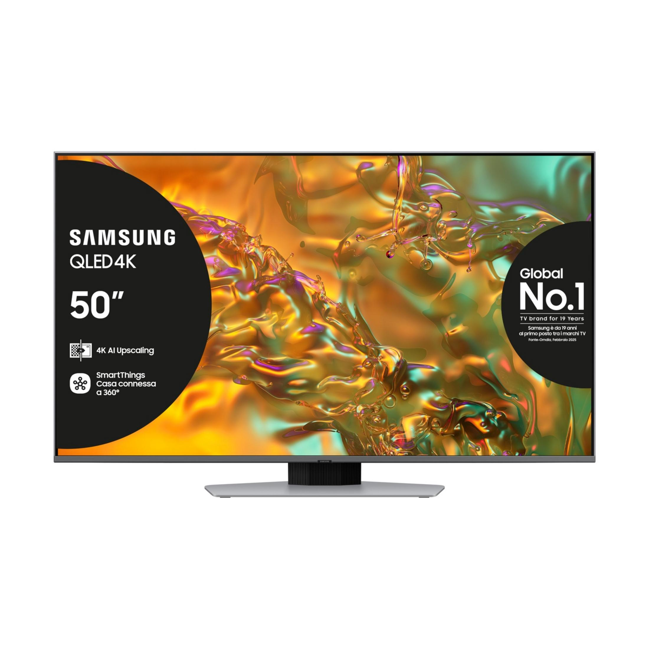 Telewizor Samsung QLED 4K 50 cali z abstrakcyjnym złotym tłem. Globalny nr 1.