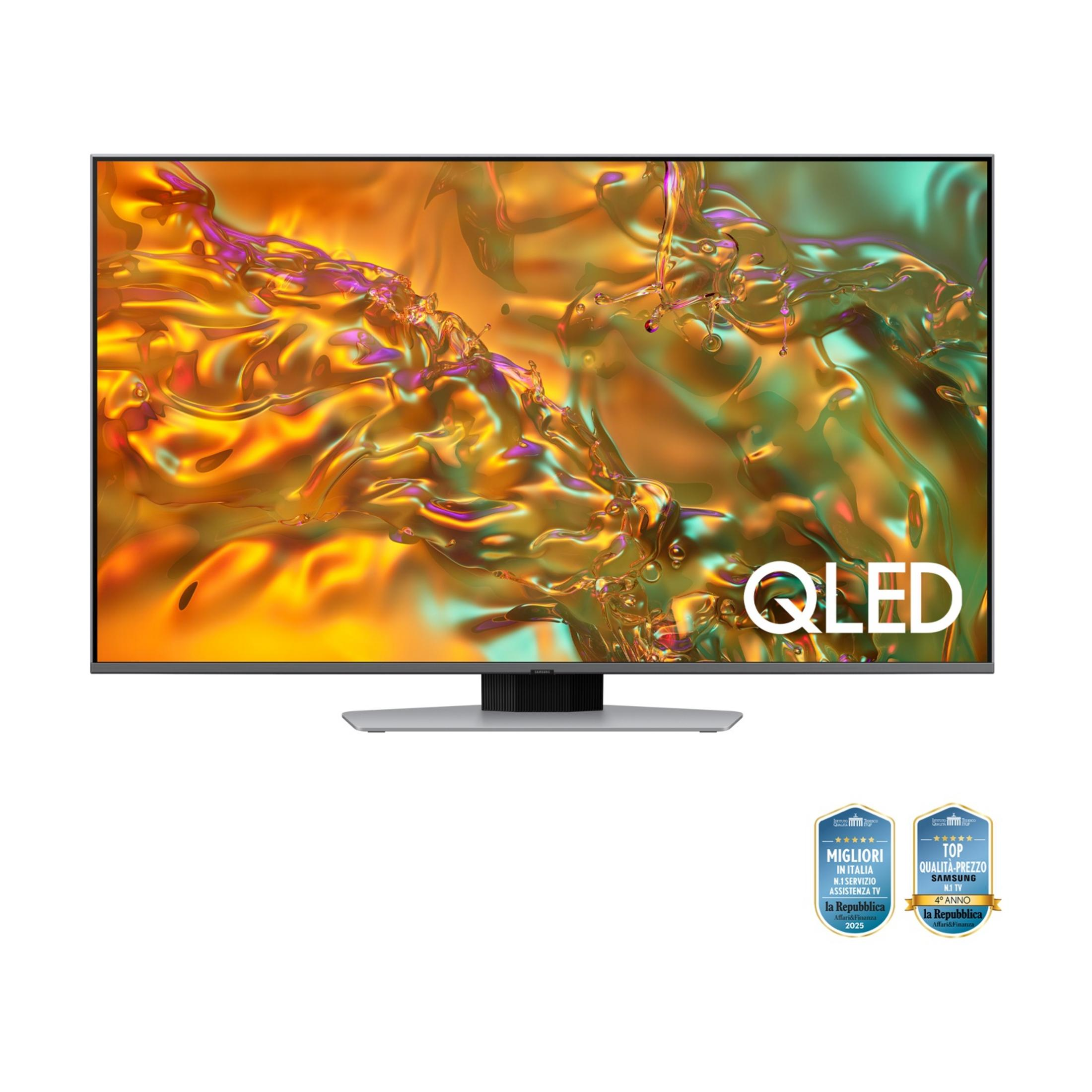 Telewizor QLED z abstrakcyjnym, płynnym tłem i dwoma nagrodami poniżej.