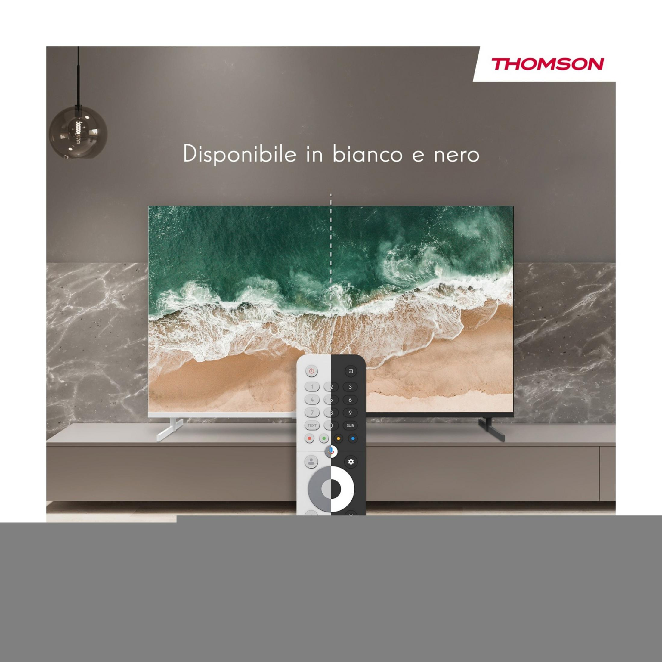 Un televisore mostra una scena costiera con un telecomando davanti.