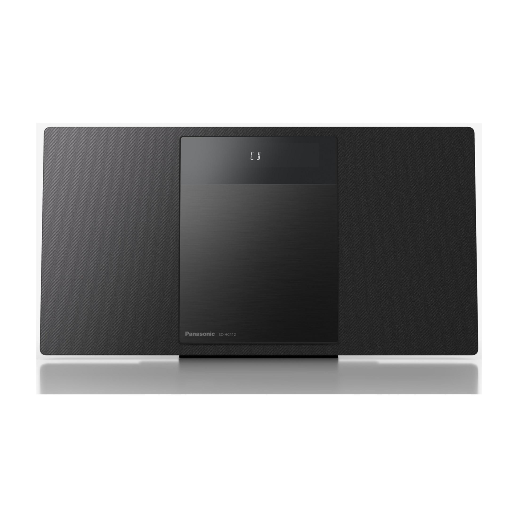 Un sistema audio CD Panasonic SC-HC412 nero con altoparlanti a sinistra e a destra.