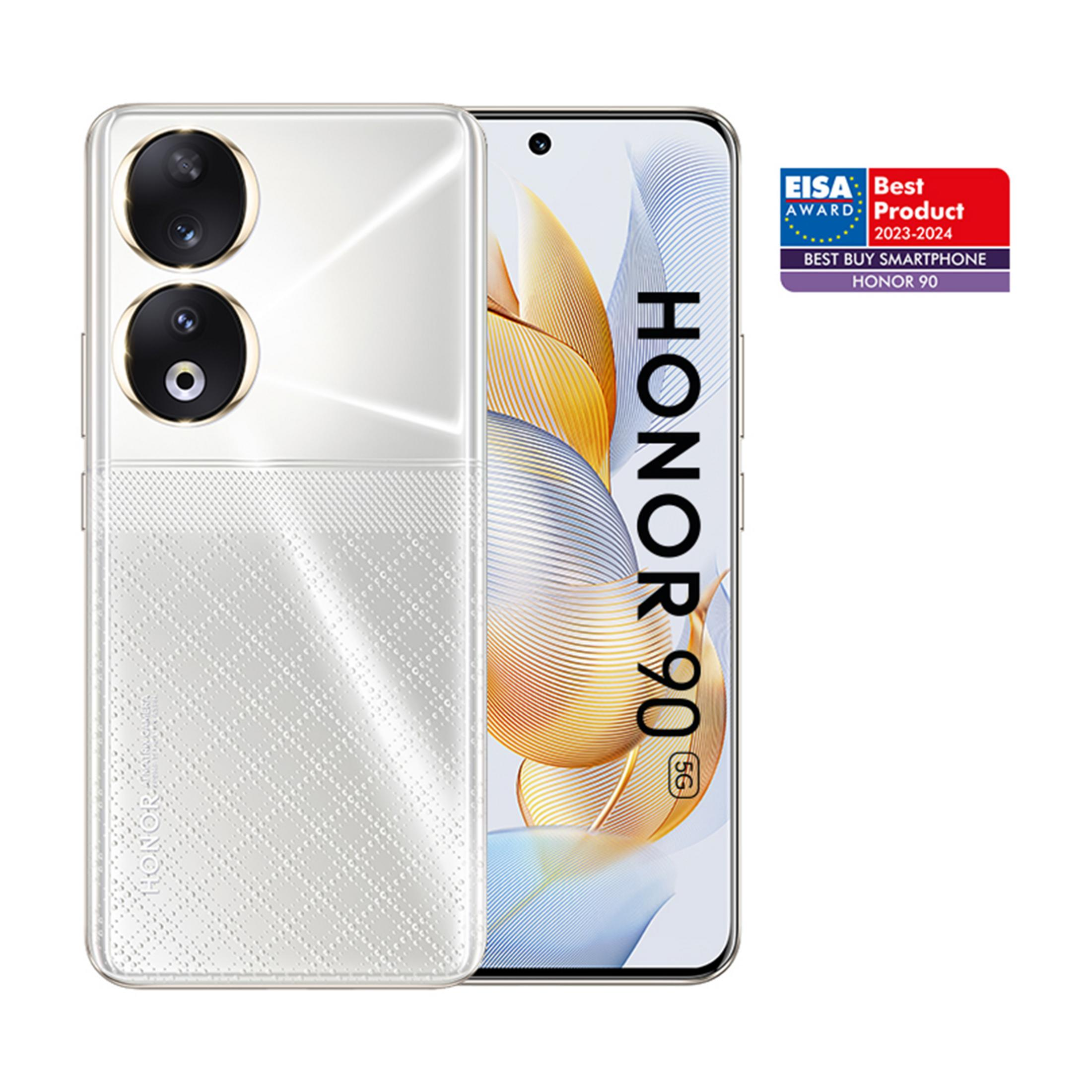Biały smartfon Honor 90 z podwójnym aparatem i odznaką nagrody EISA.