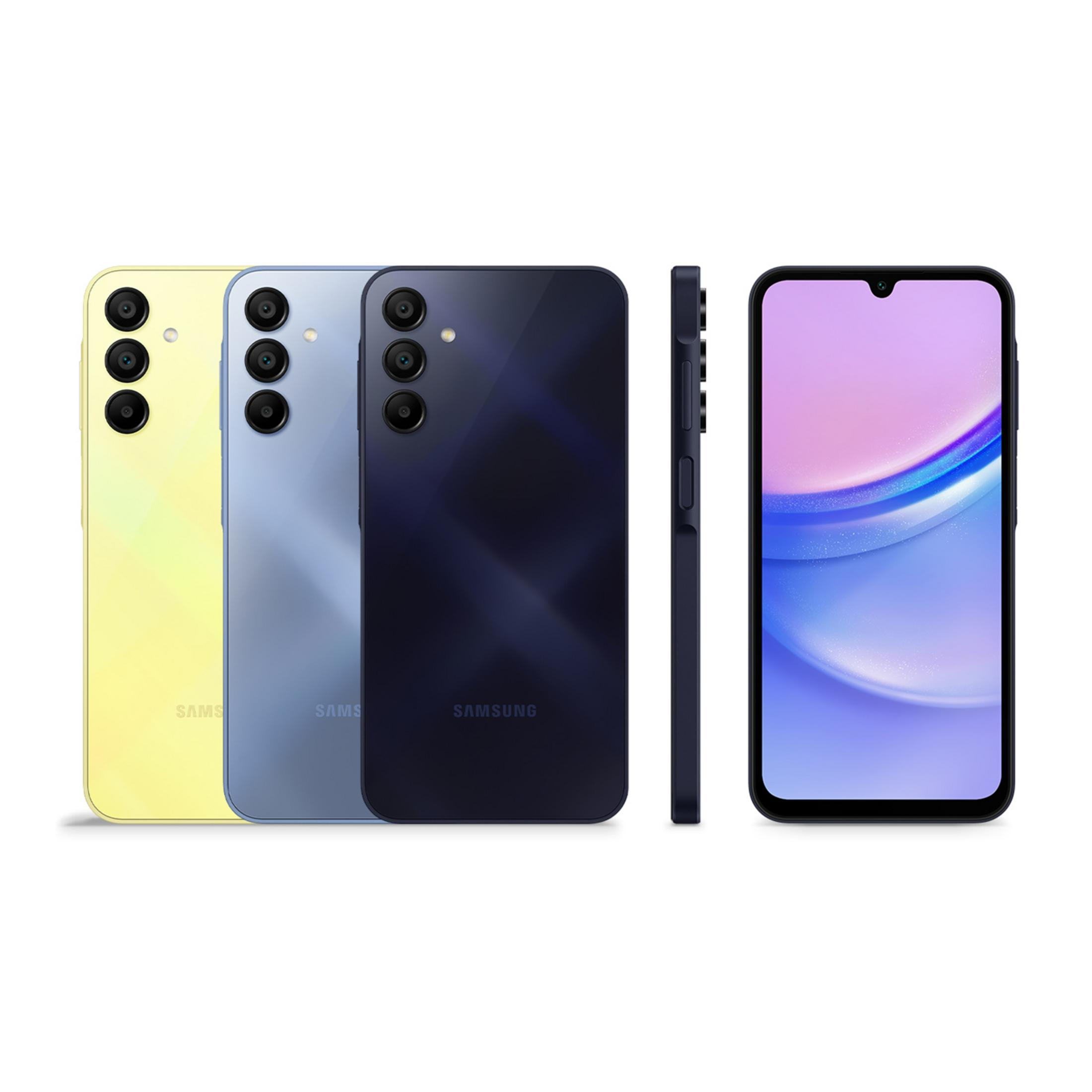 Drei Smartphones in Gelb, Blau und Dunkelblau nebeneinander. Ein viertes Smartphone von der Seite.