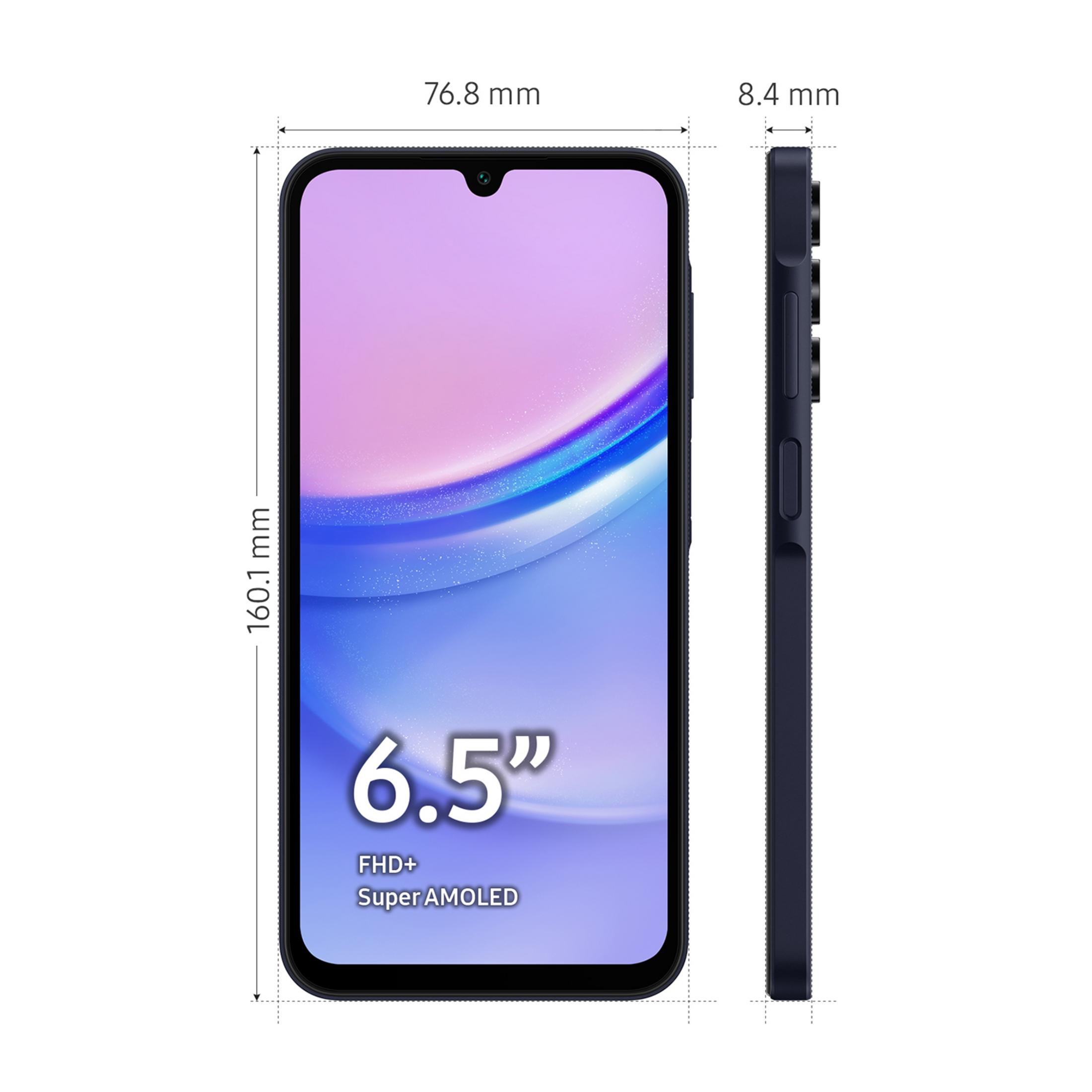 Dunkelblaues Smartphone: 160,1 mm H, 76,8 mm B, 8,4 mm T. 6,5 Zoll FHD+ Super AMOLED Display.