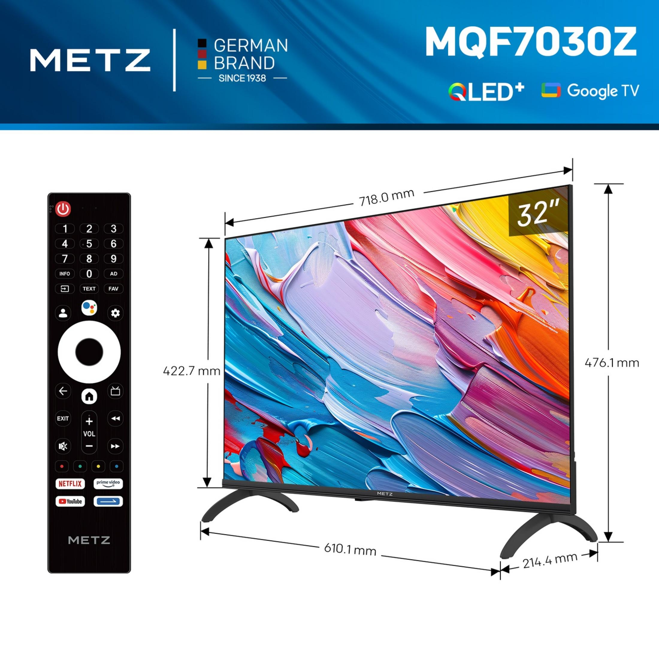 Un televisor Metz QLED Google TV de 32 pulgadas con mando y dimensiones.