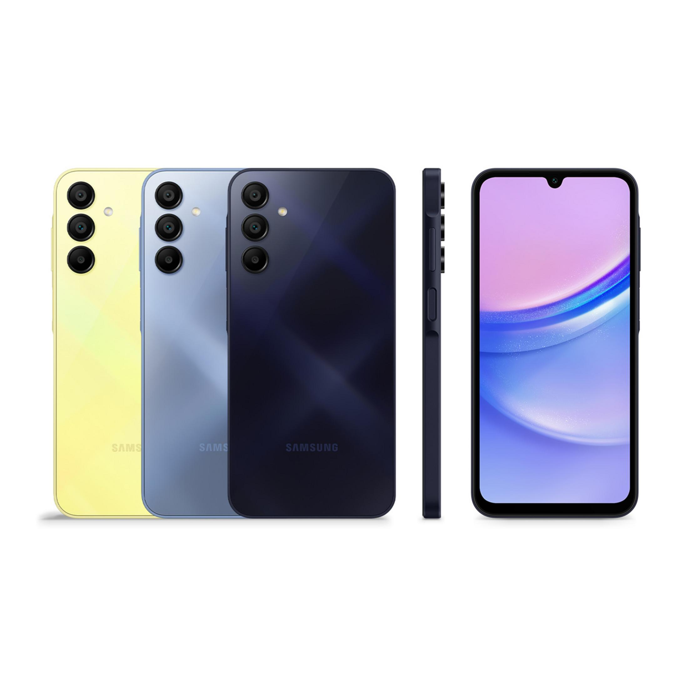 Trzy smartfony w kolorach żółtym, niebieskim i ciemnoniebieskim obok siebie, czwarty telefon z boku.