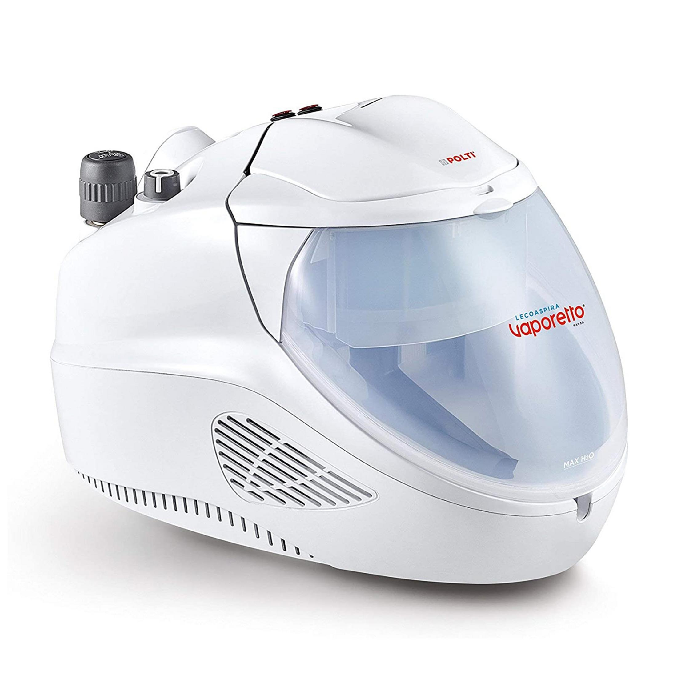 Biały parownica z przezroczystym zbiornikiem i czarnymi kontrolkami.