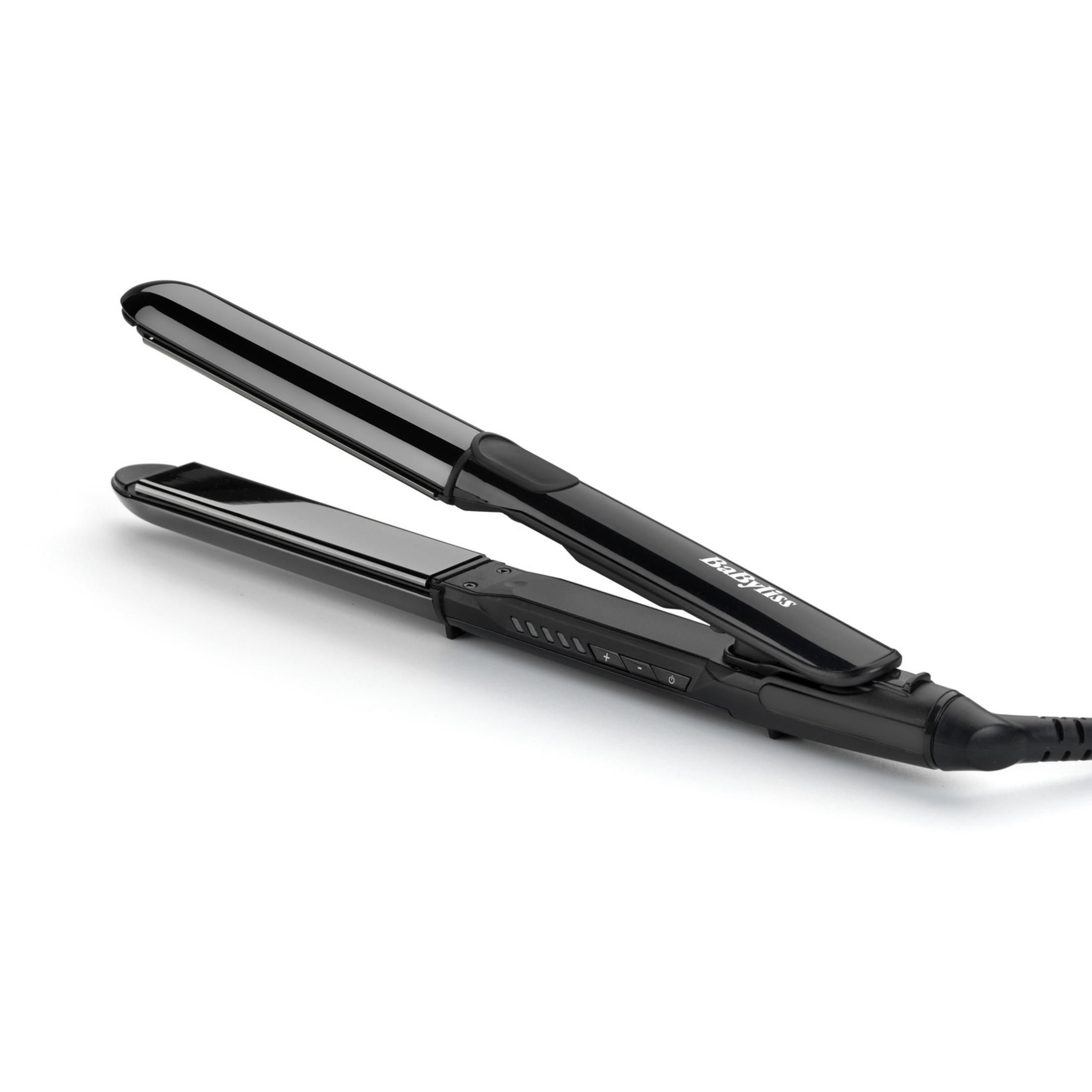 Czarna prostownica BaByliss z srebrnymi akcentami i elementami sterującymi.