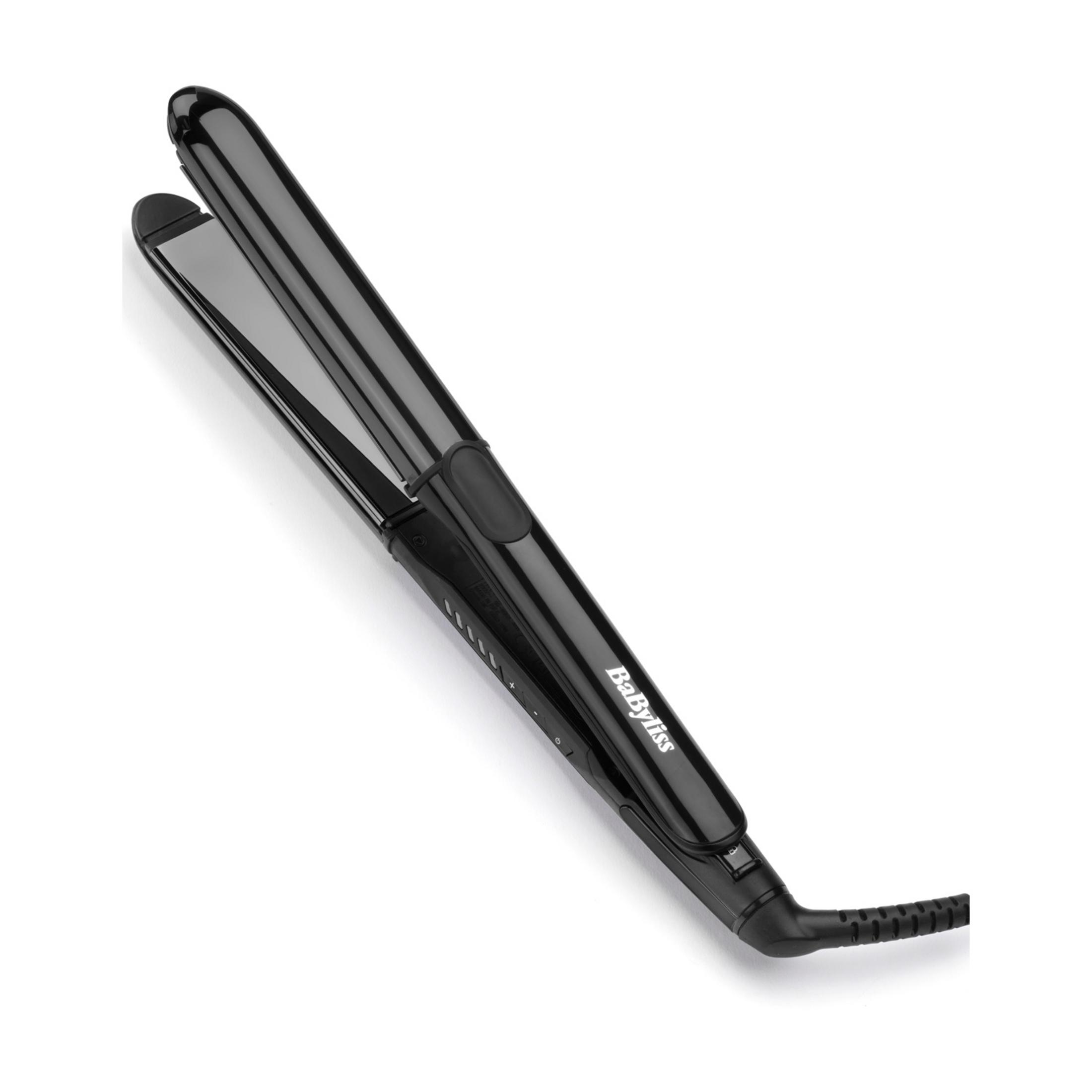 Czarna prostownica Babyliss z kablem na białym tle.