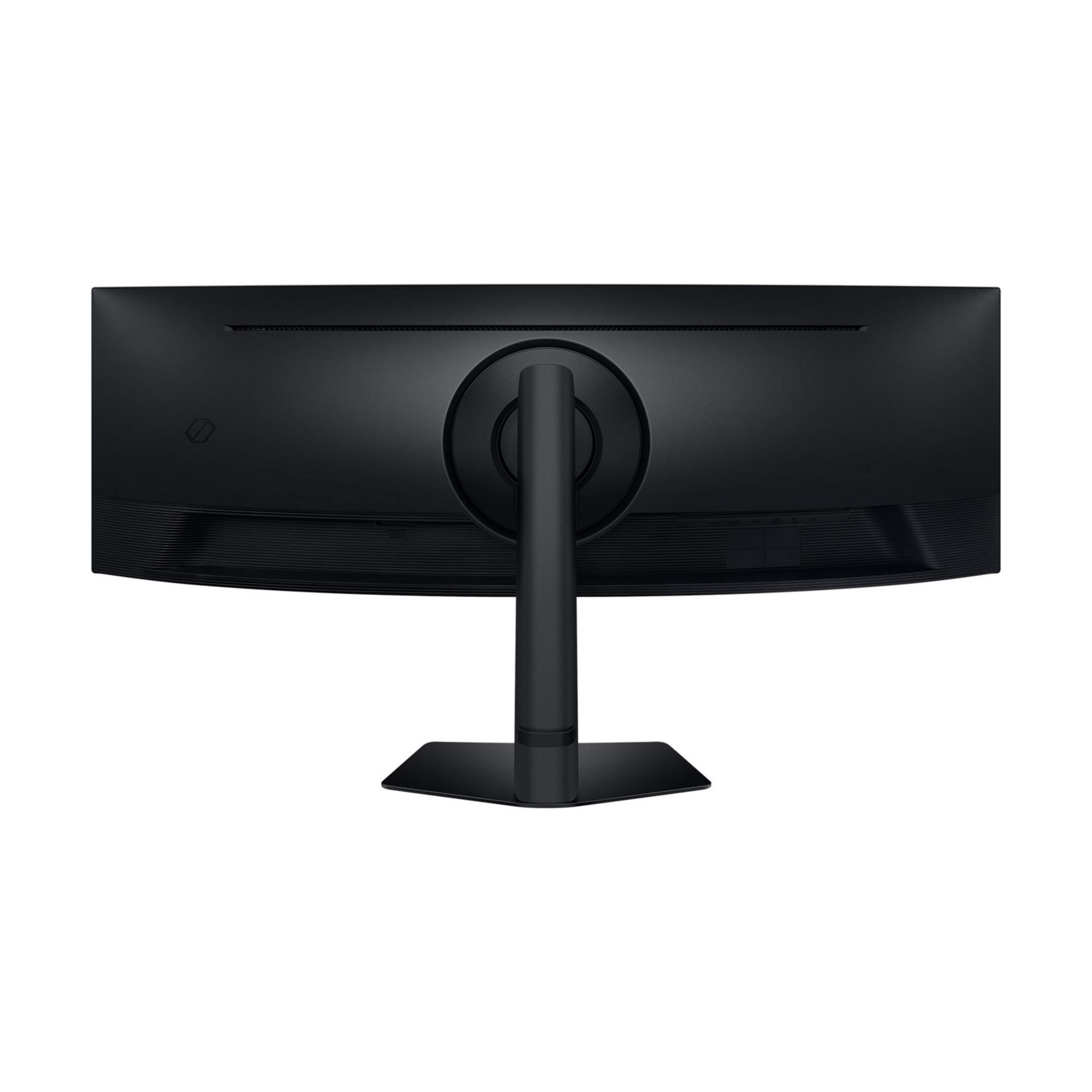 Tył czarnego monitora ze stojakiem na białym tle.