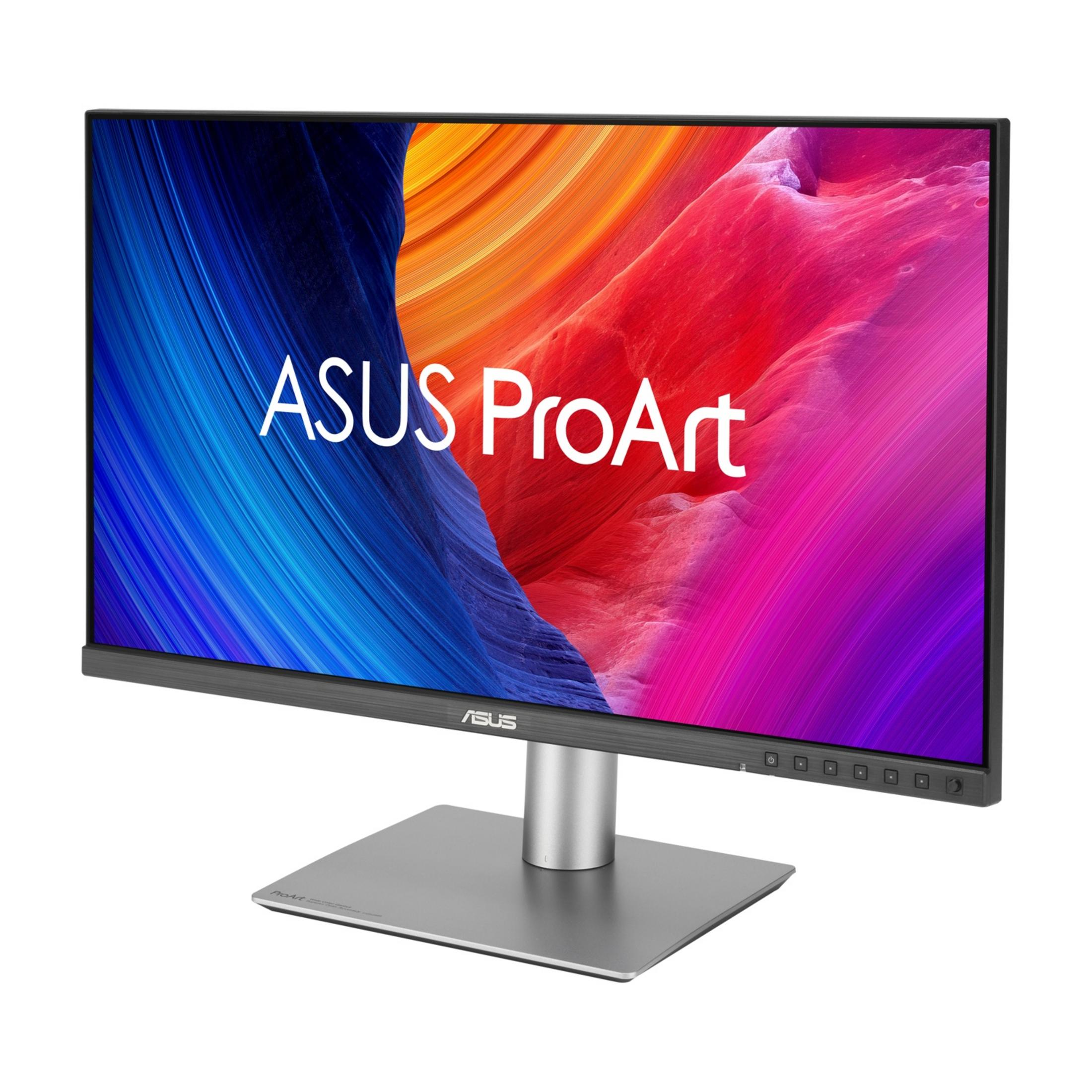 Monitor ASUS ProArt z kolorowym abstrakcyjnym tłem na srebrnej podstawie.