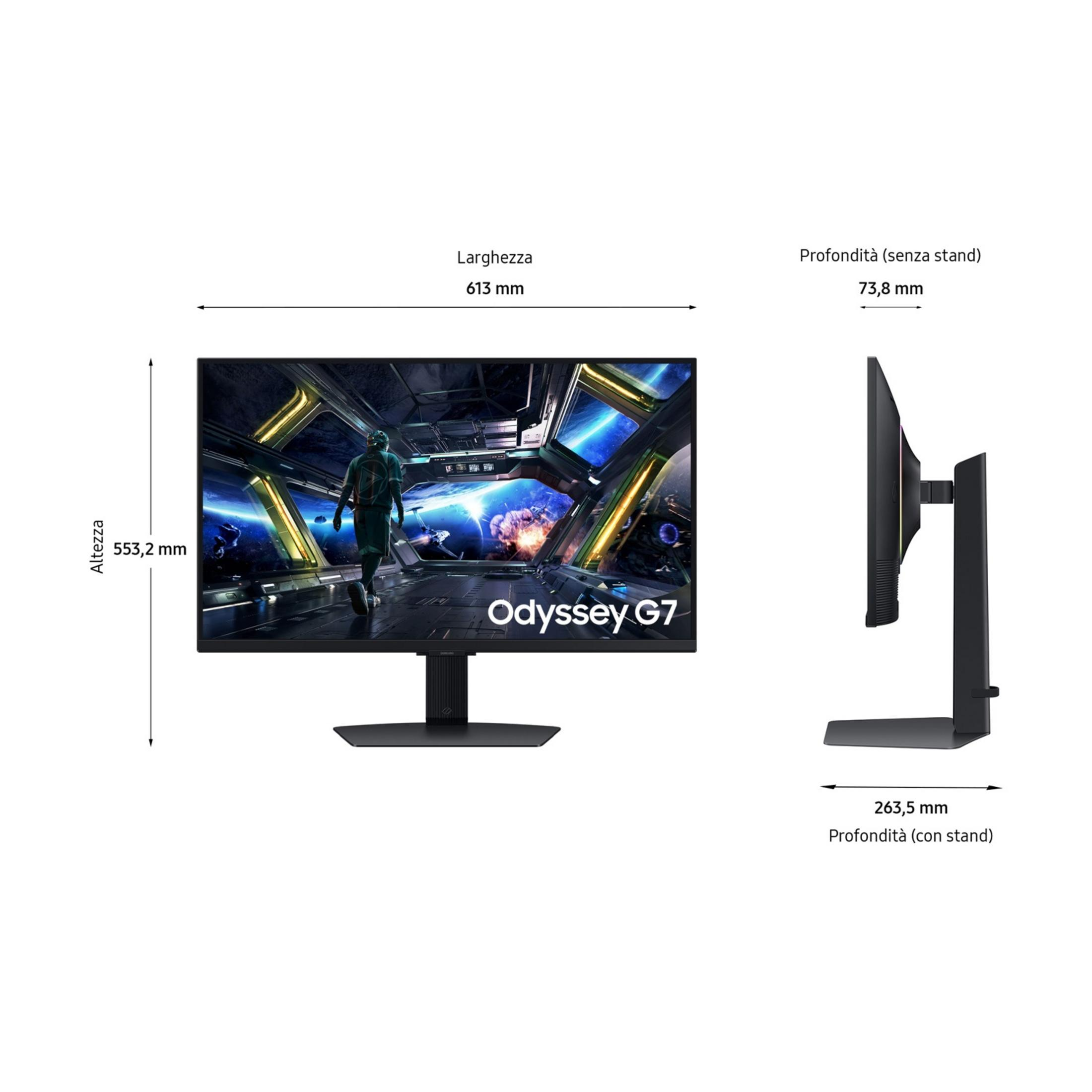 Monitor z wymiarami: Wysokość 553,2mm, Szerokość 613mm, Głębokość 73,8mm (bez) i 263,5mm (z podstawą).