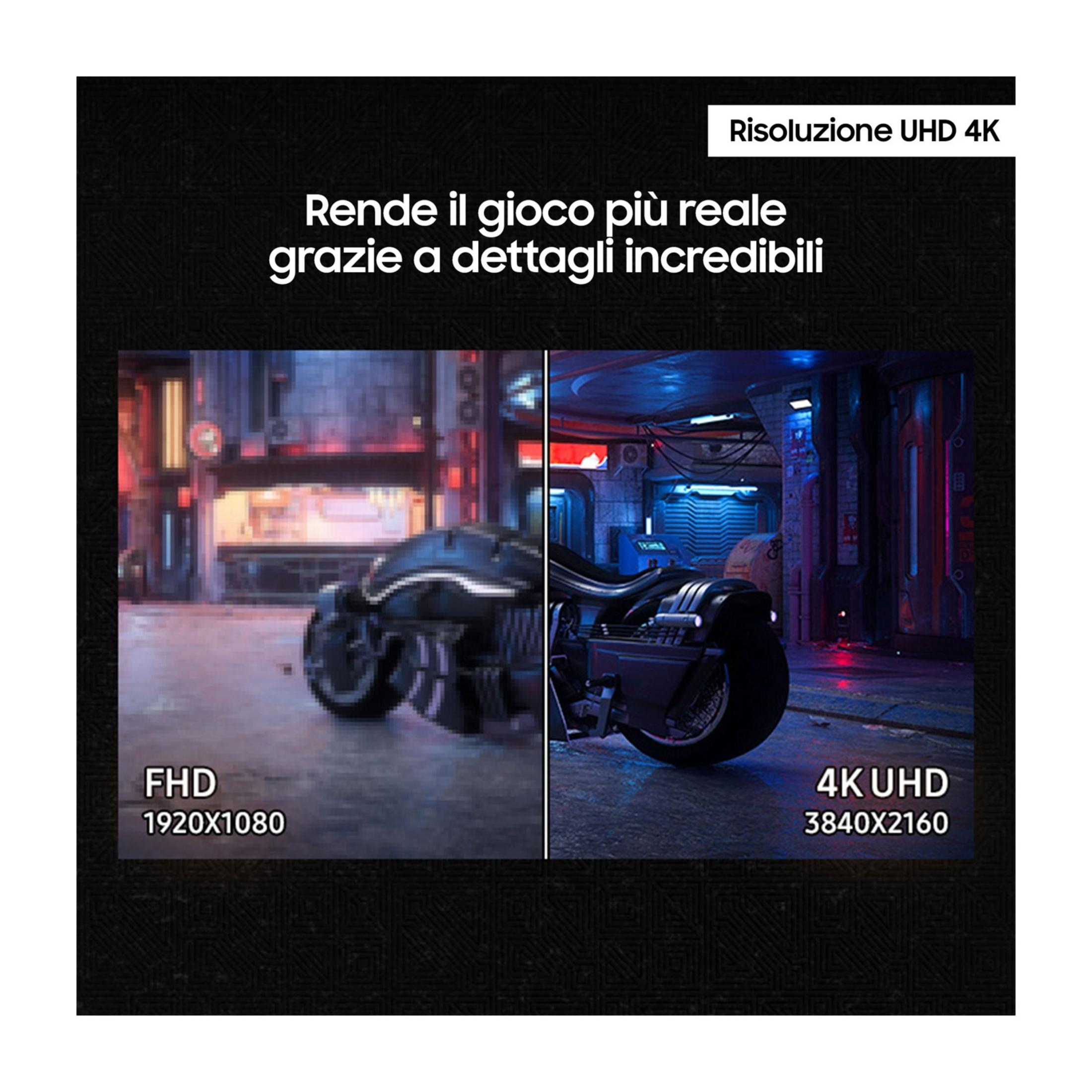 Porównanie rozdzielczości FHD (1920x1080) i 4K UHD (3840x2160) na motocyklu cyberpunkowym.