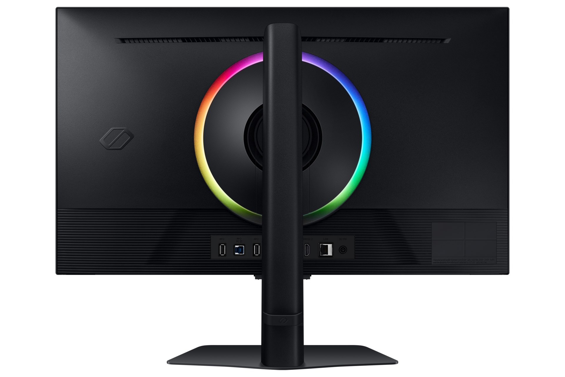 Tył czarnego monitora z podświetleniem RGB i portami.