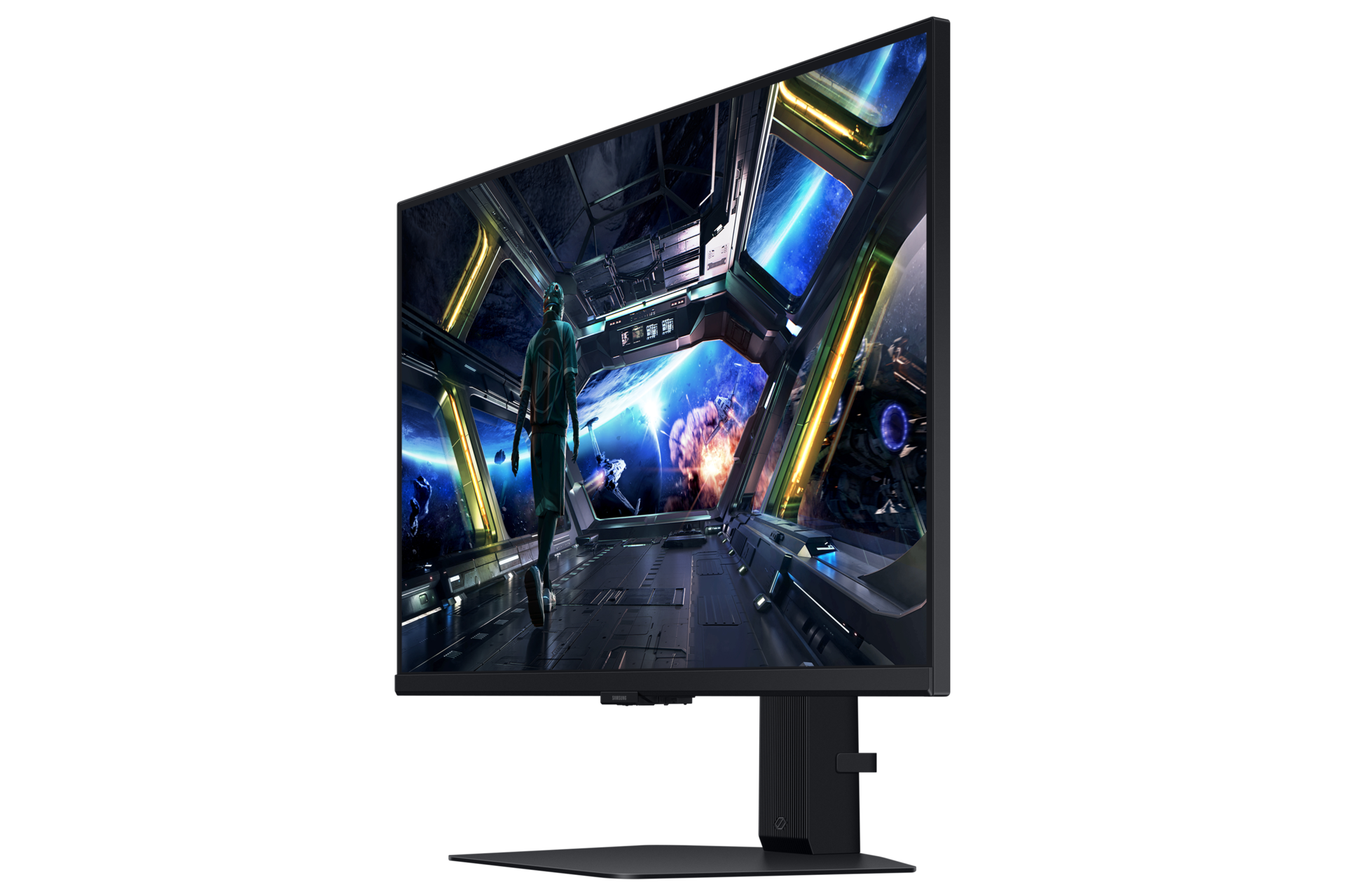 Astronauta stoi w statku kosmicznym, patrząc na Ziemię.