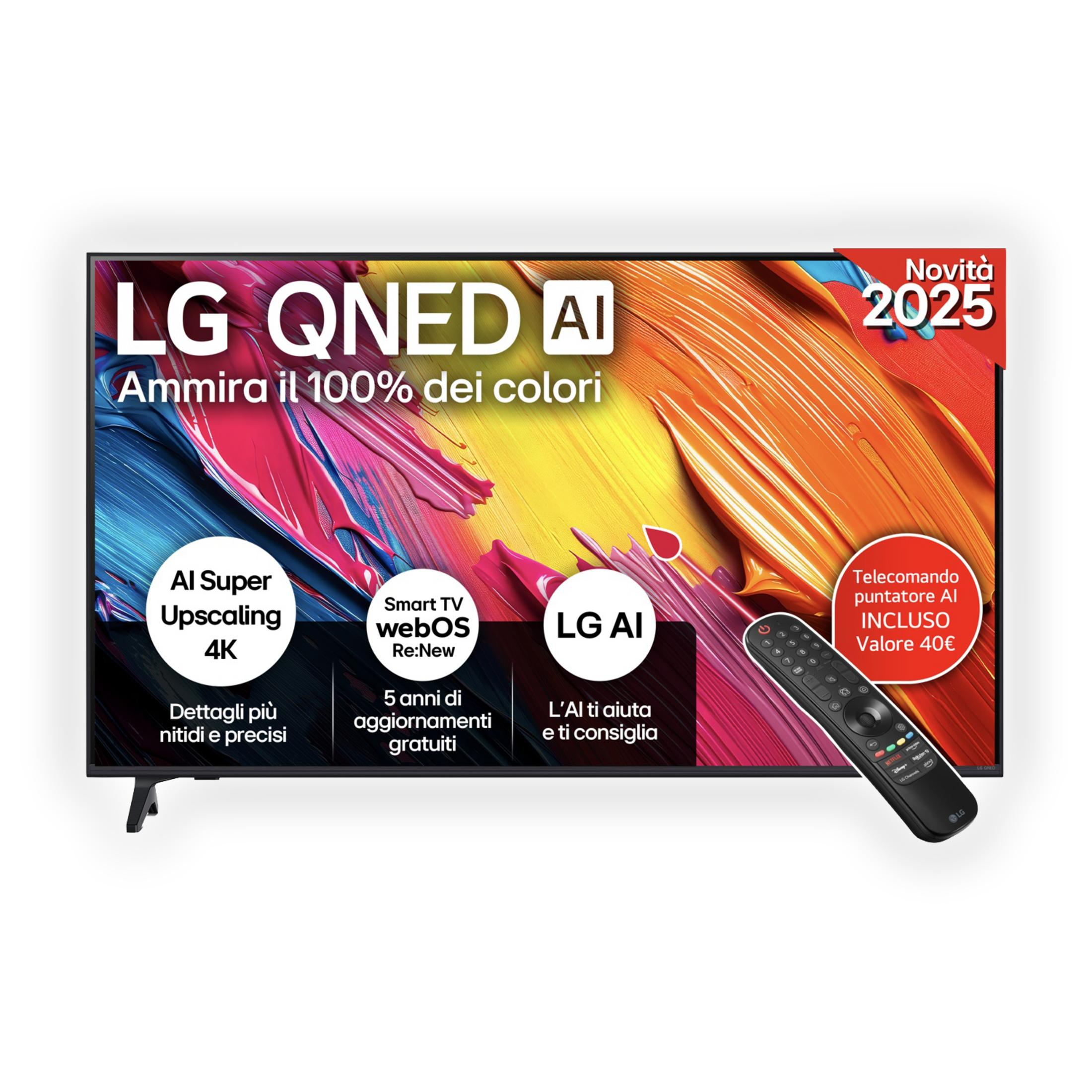 TV LG QNED AI 2025 con AI Super Upscaling 4K, webOS e telecomando.