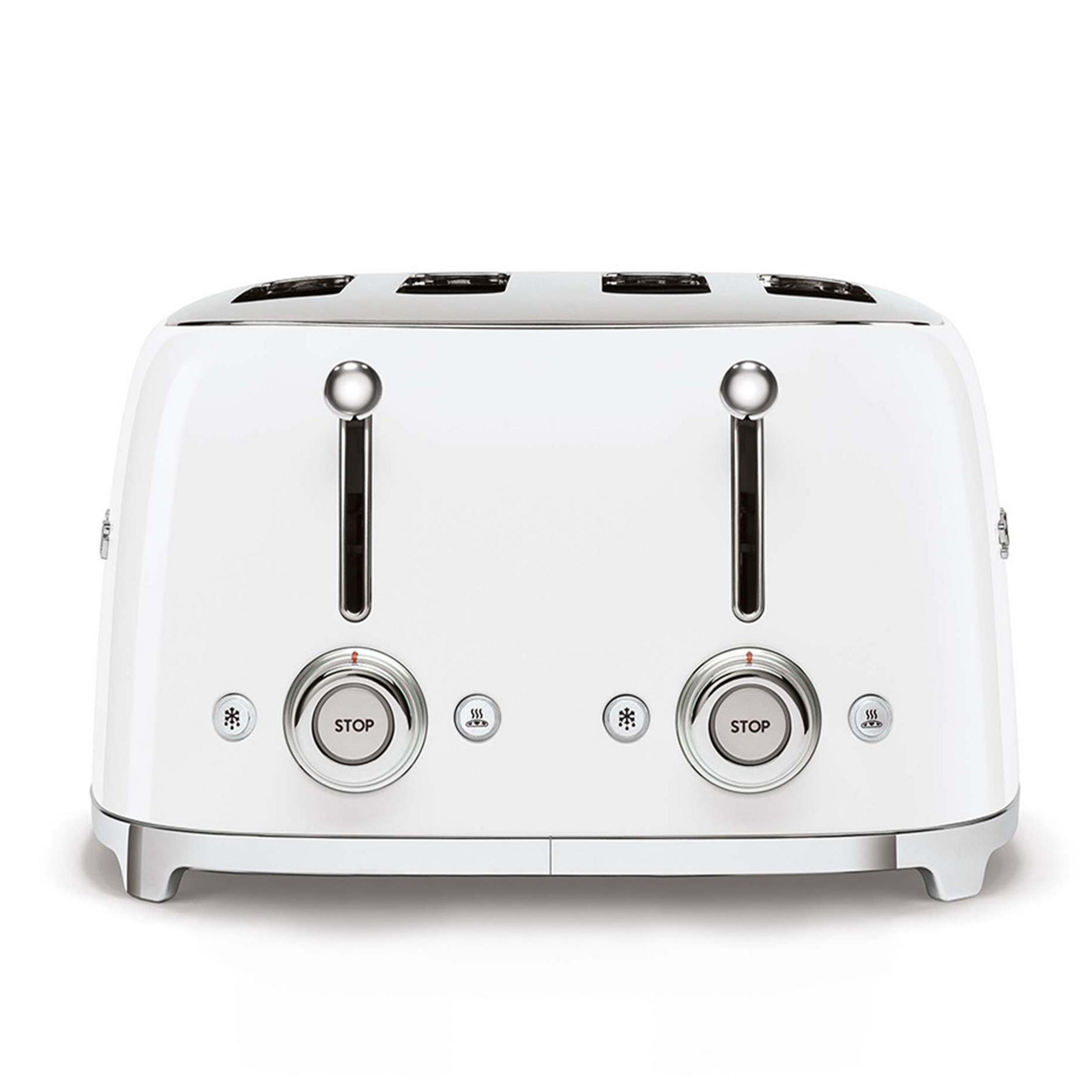 Ein weißer Toaster mit Chromdetails und zwei Schlitzen.