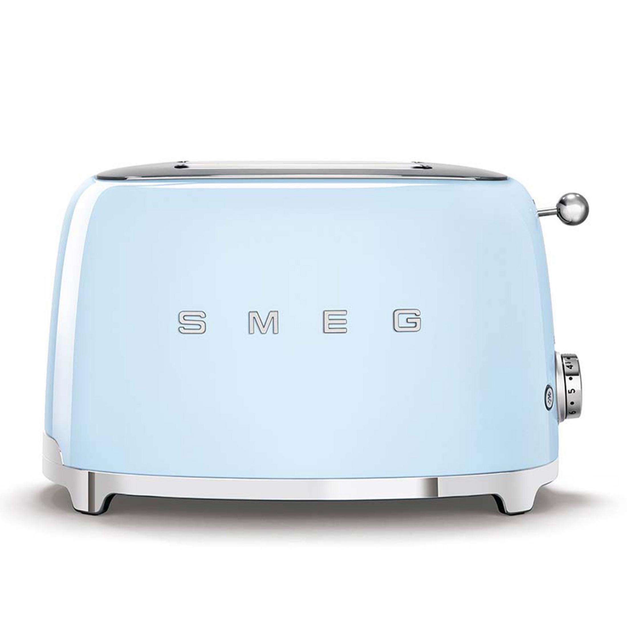 Ein blauer SMEG-Toaster mit Chromdetails und Bedienelementen.