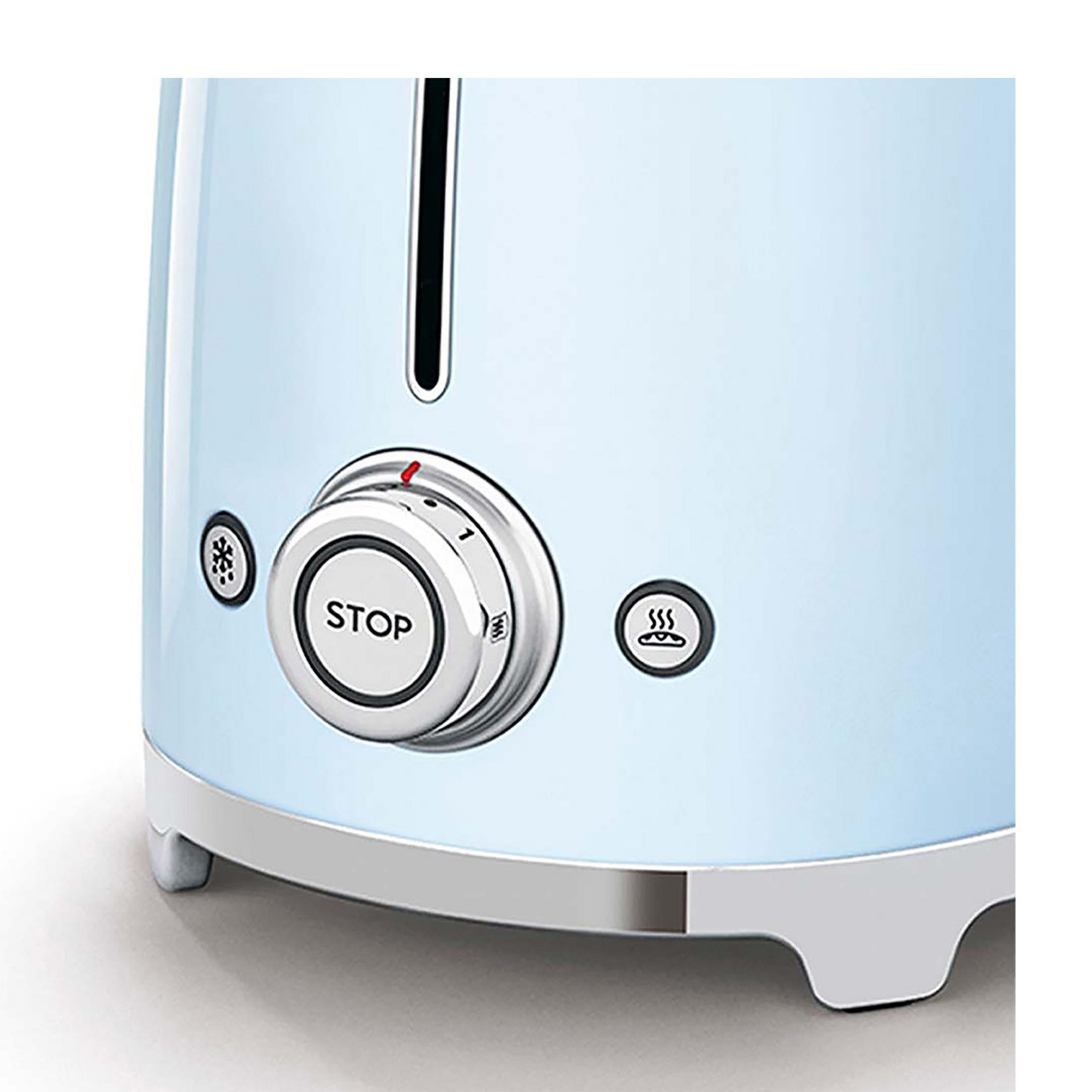 Hellblaue Toaster-Vorderseite mit silbernem Drehknopf und Symbolen.