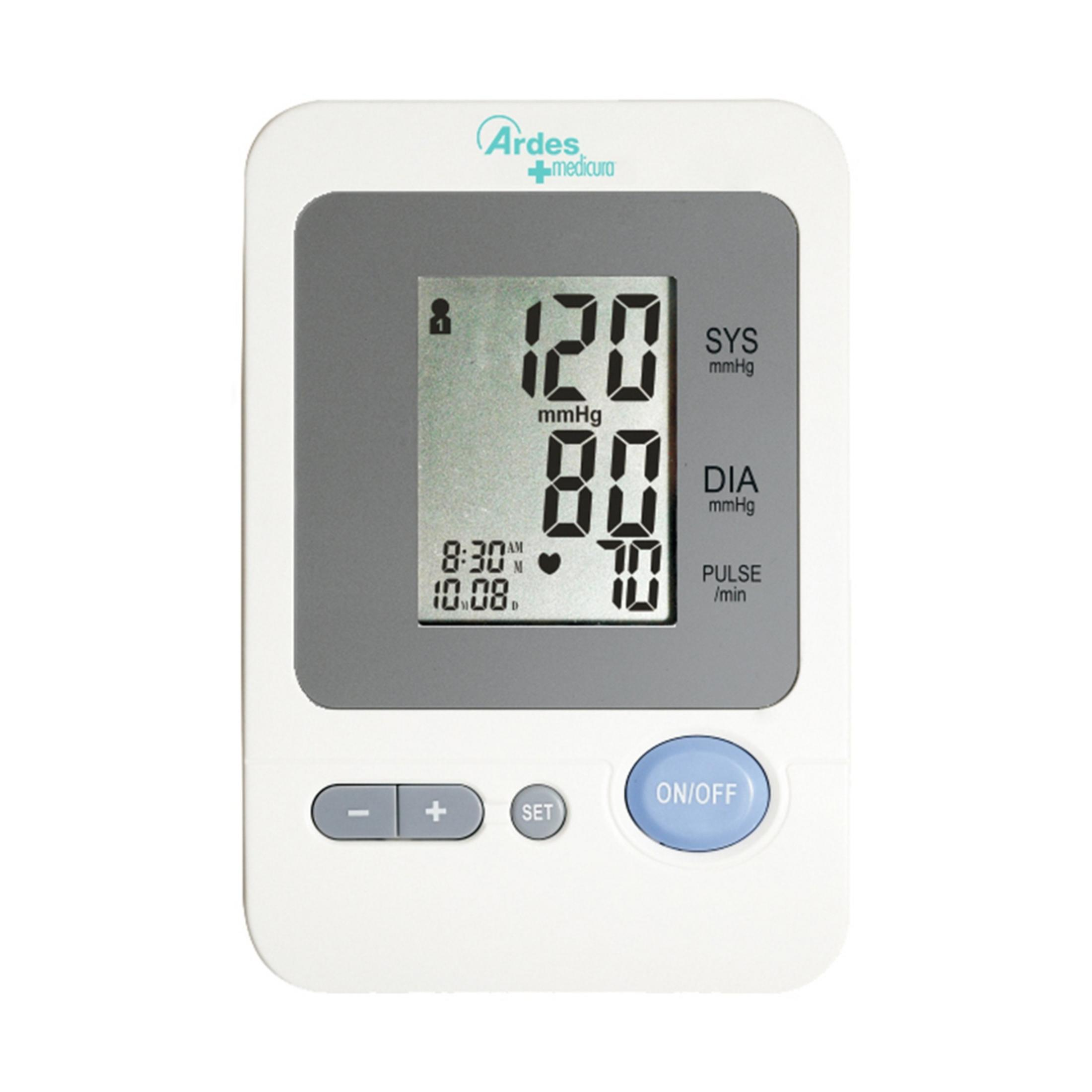 Ein digitales Blutdruckmessgerät mit den Werten 120/80 mmHg und 70 Schlägen/min.