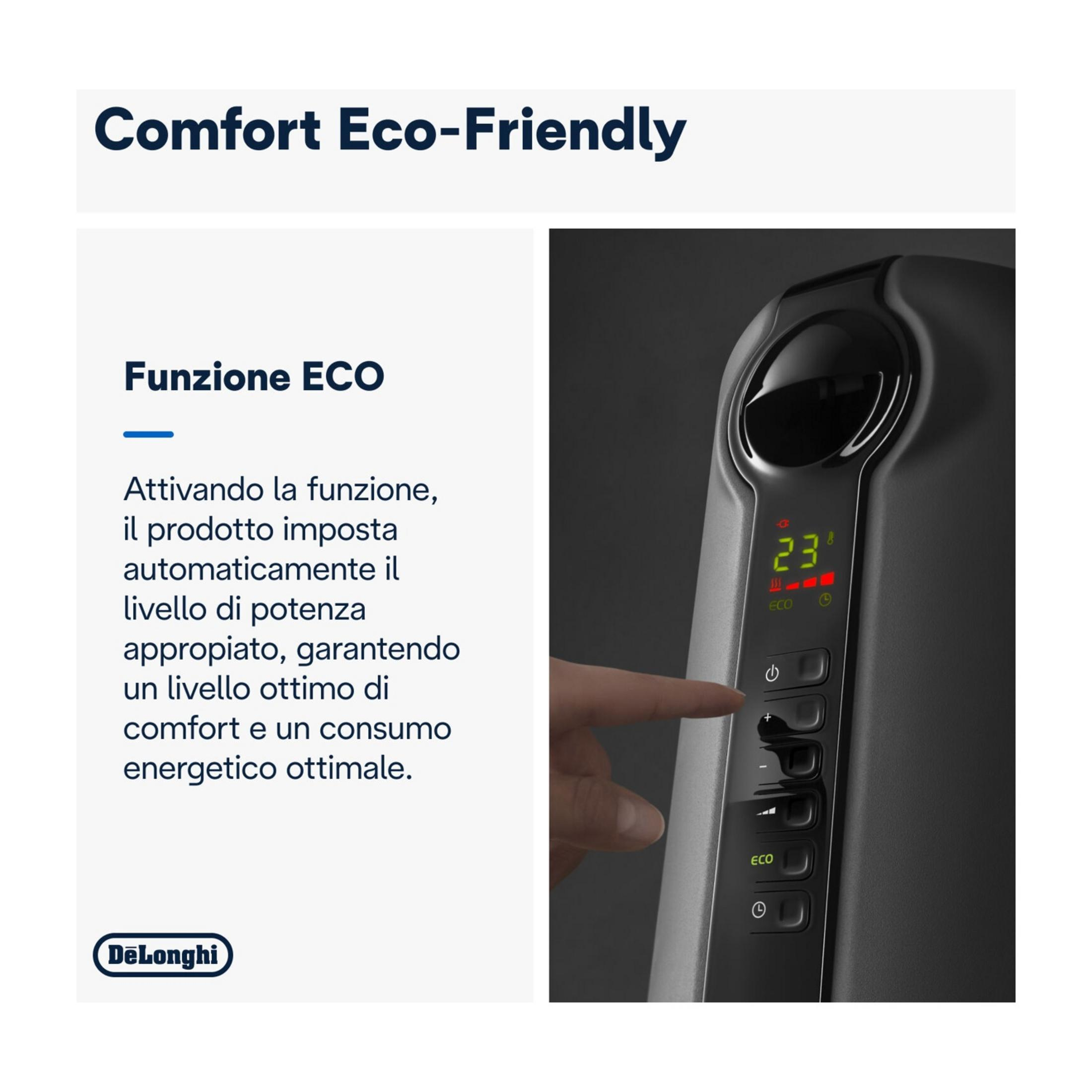 Dijital ekranlı siyah bir cihazın ECO düğmesine bir parmak basıyor.