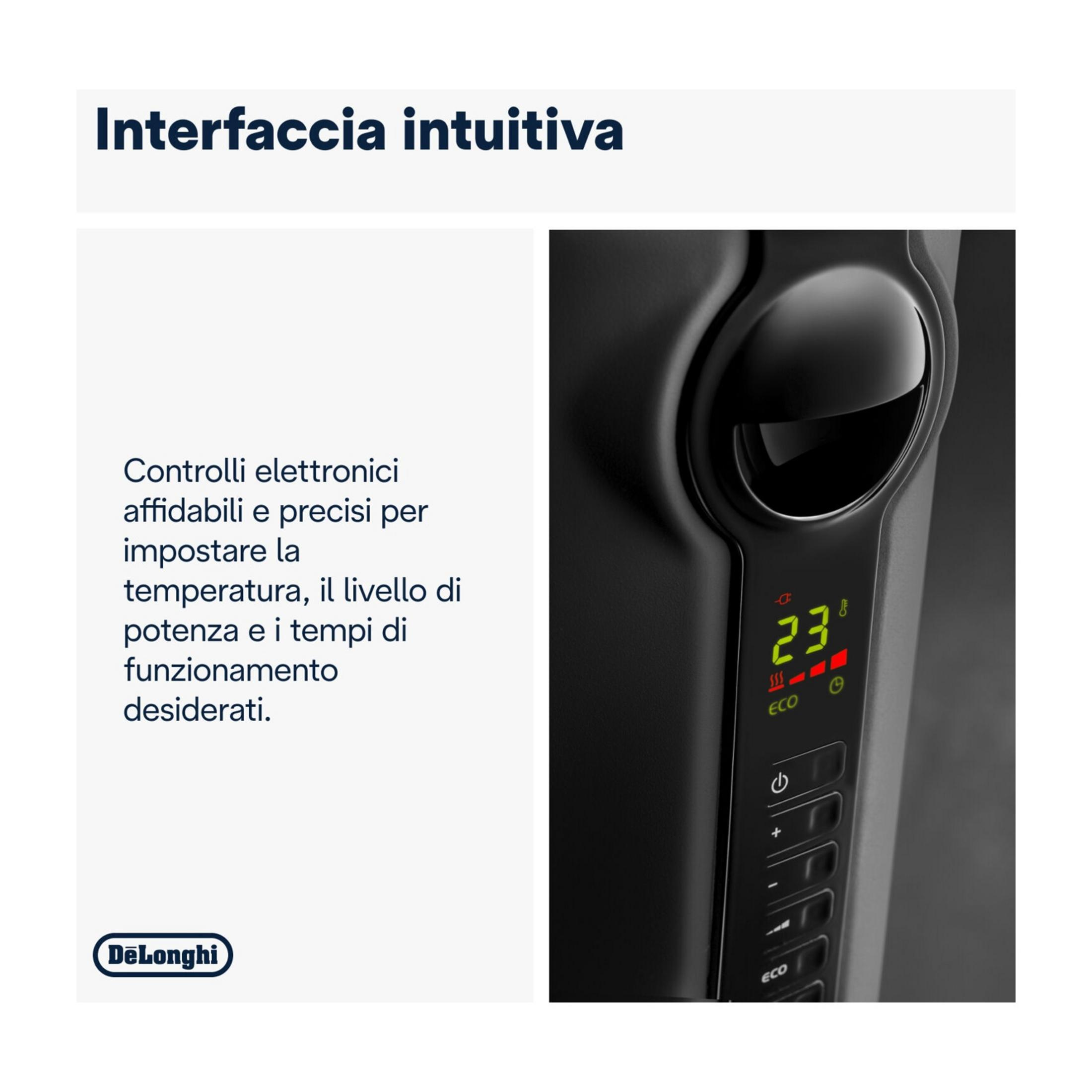 DeLonghi ısıtıcı, 23 dereceyi ve ECO modunu gösteren dijital ekrana sahip.