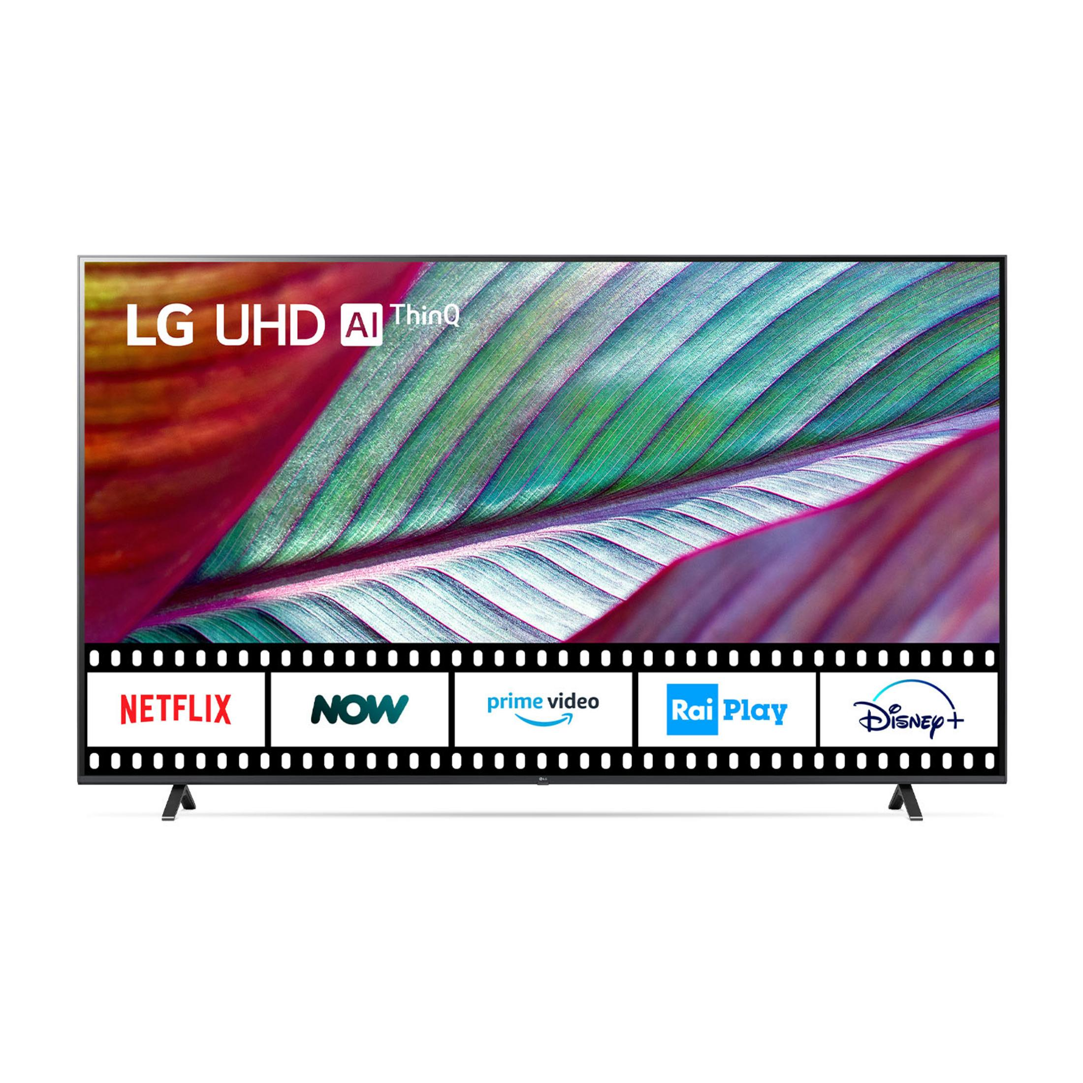 Una TV LG UHD AI ThinQ con loghi di streaming in basso.