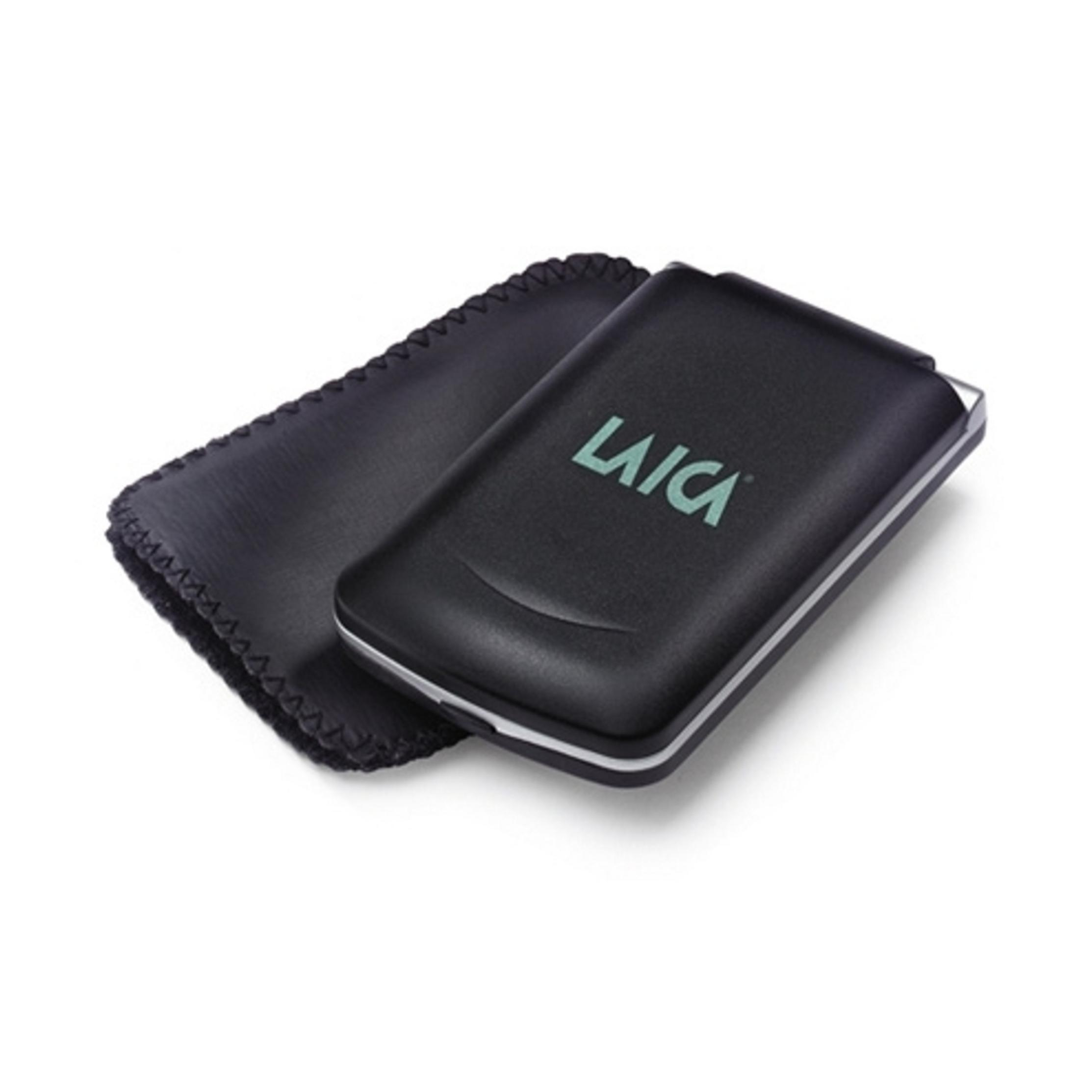 Dispositivo Laica negro con funda de tela, sobre fondo blanco.