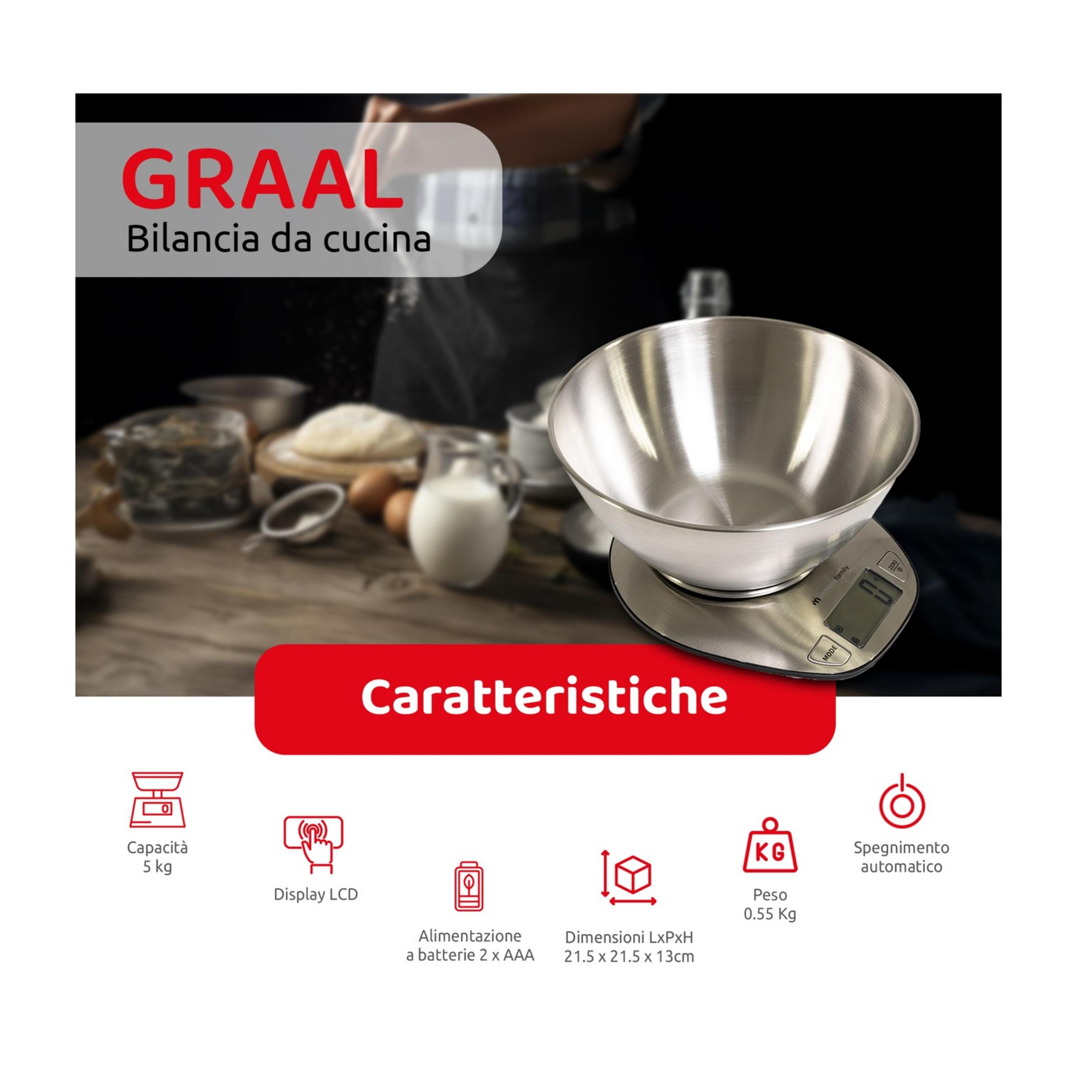 Una báscula de cocina digital con bol de acero inoxidable para pesar ingredientes.