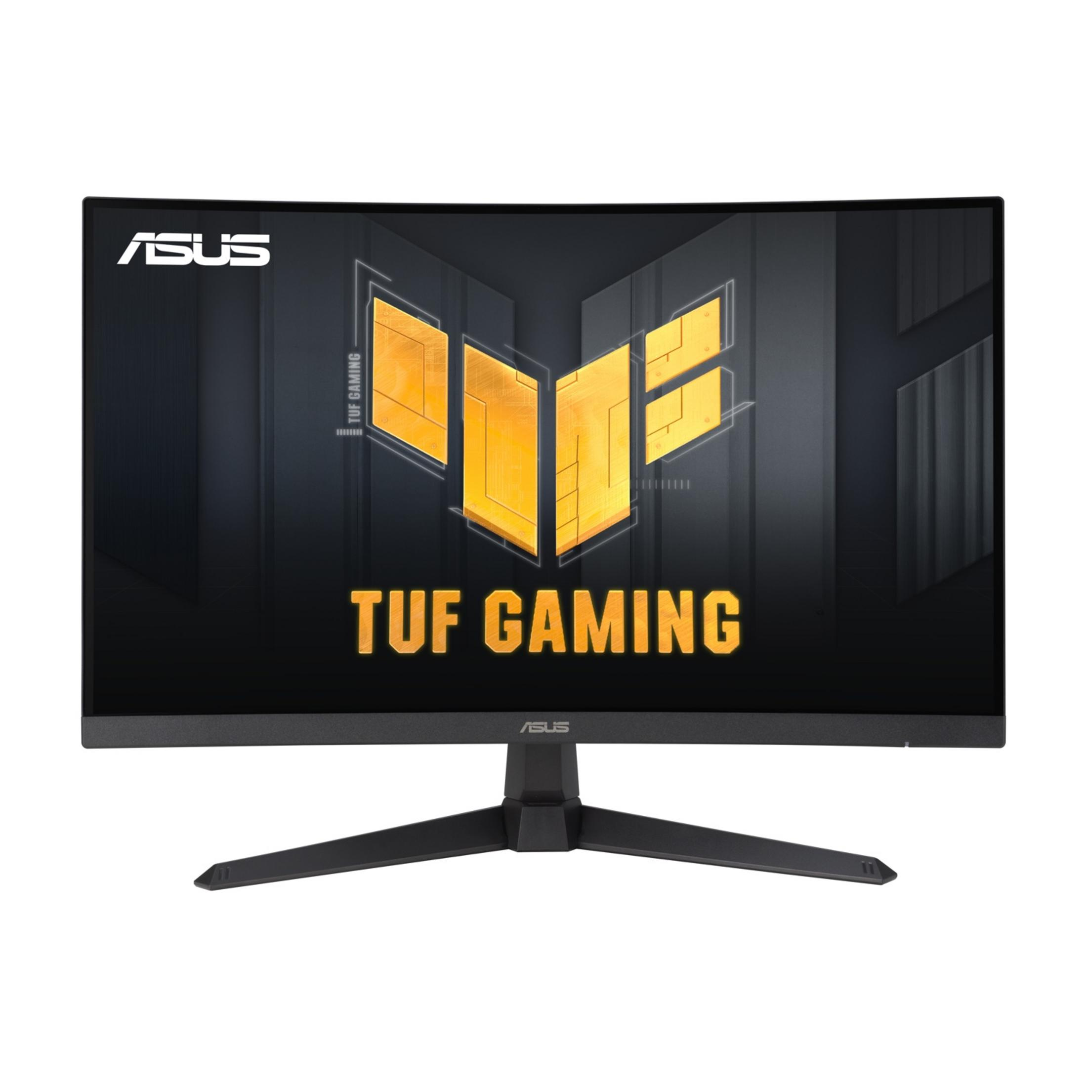 Zakrzywiony monitor ASUS TUF Gaming z żółtym logo i czarnym stojakiem.