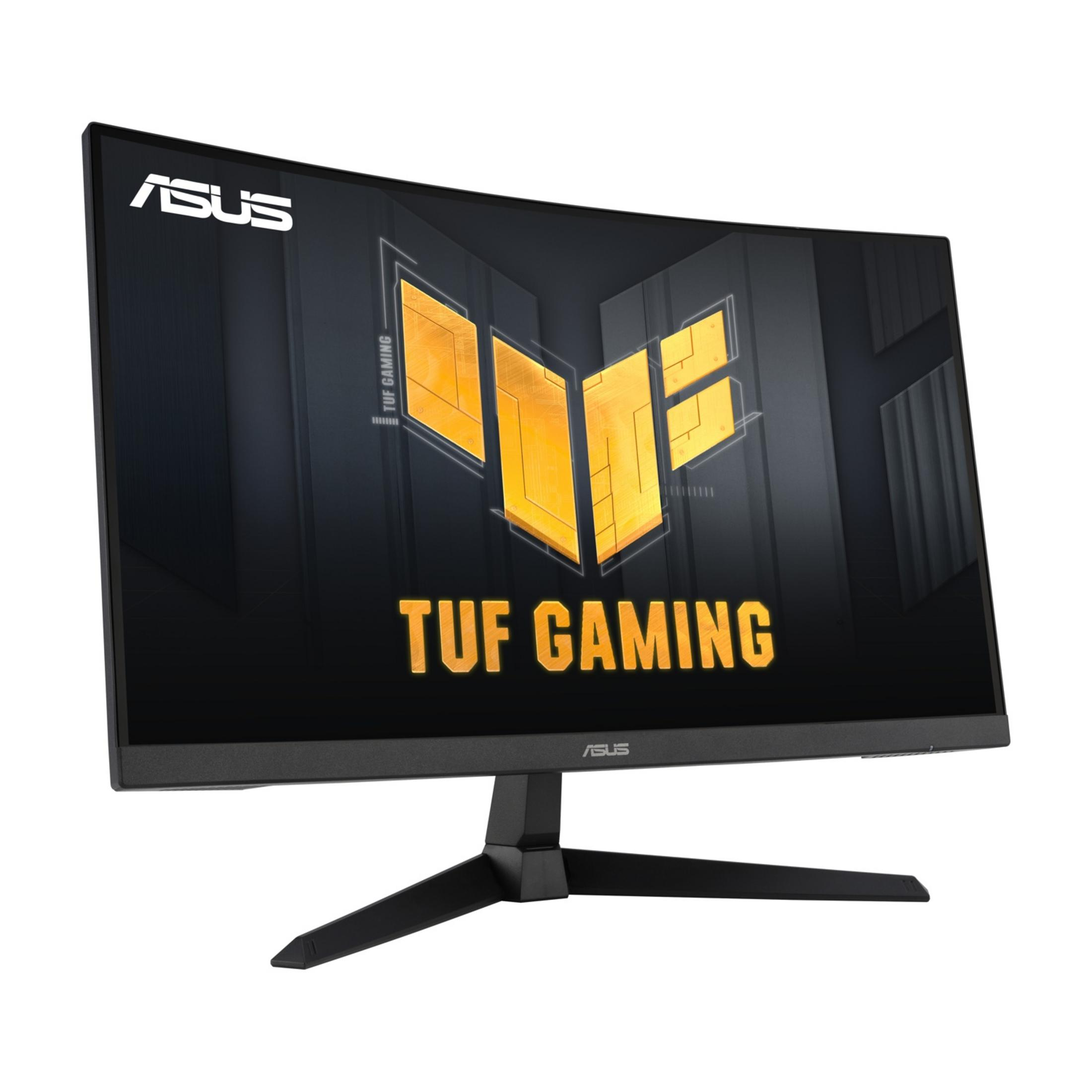 Zakrzywiony monitor gamingowy Asus wyświetla żółte logo TUF na czarnym tle.