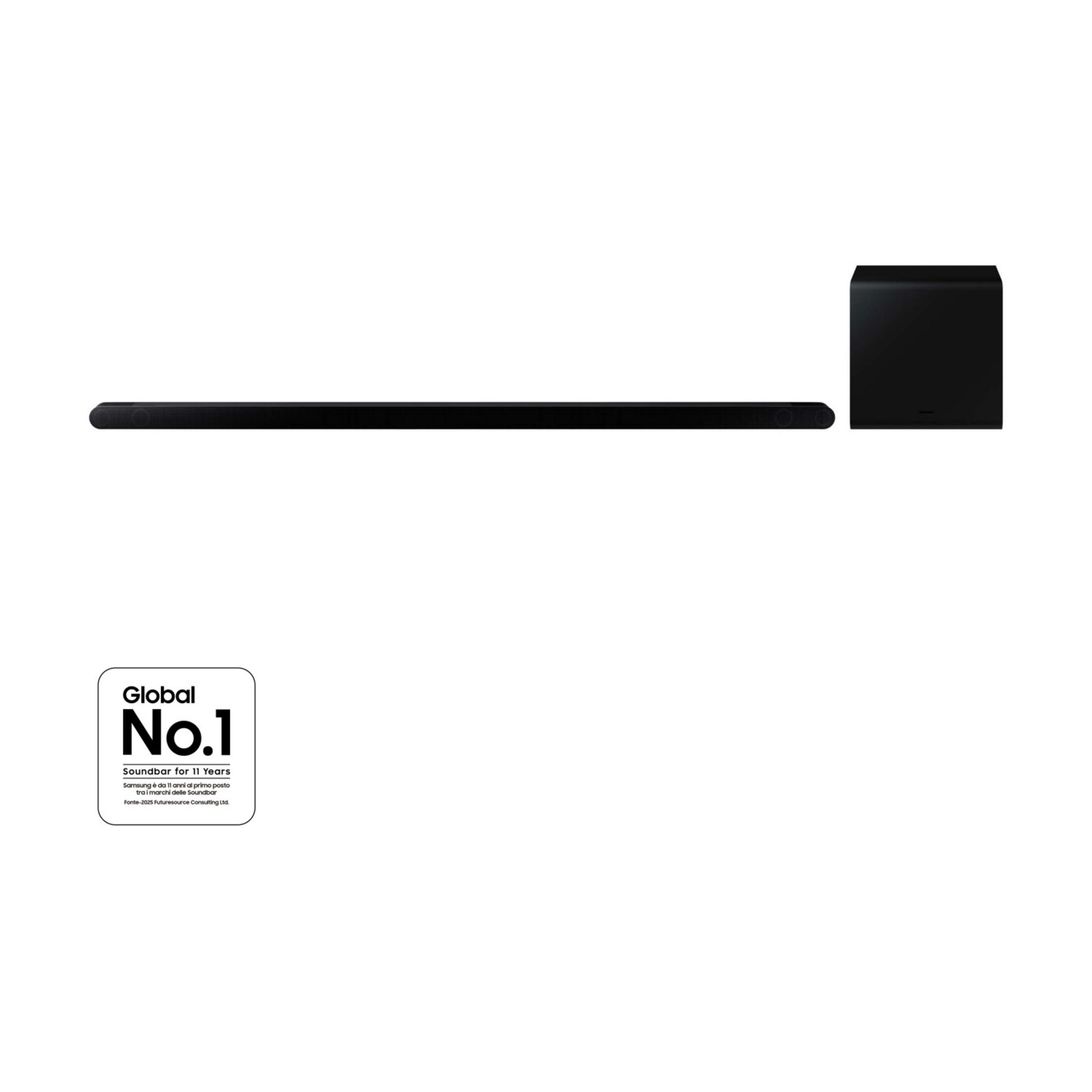 Black soundbar and subwoofer with 'Global No.1' logo.