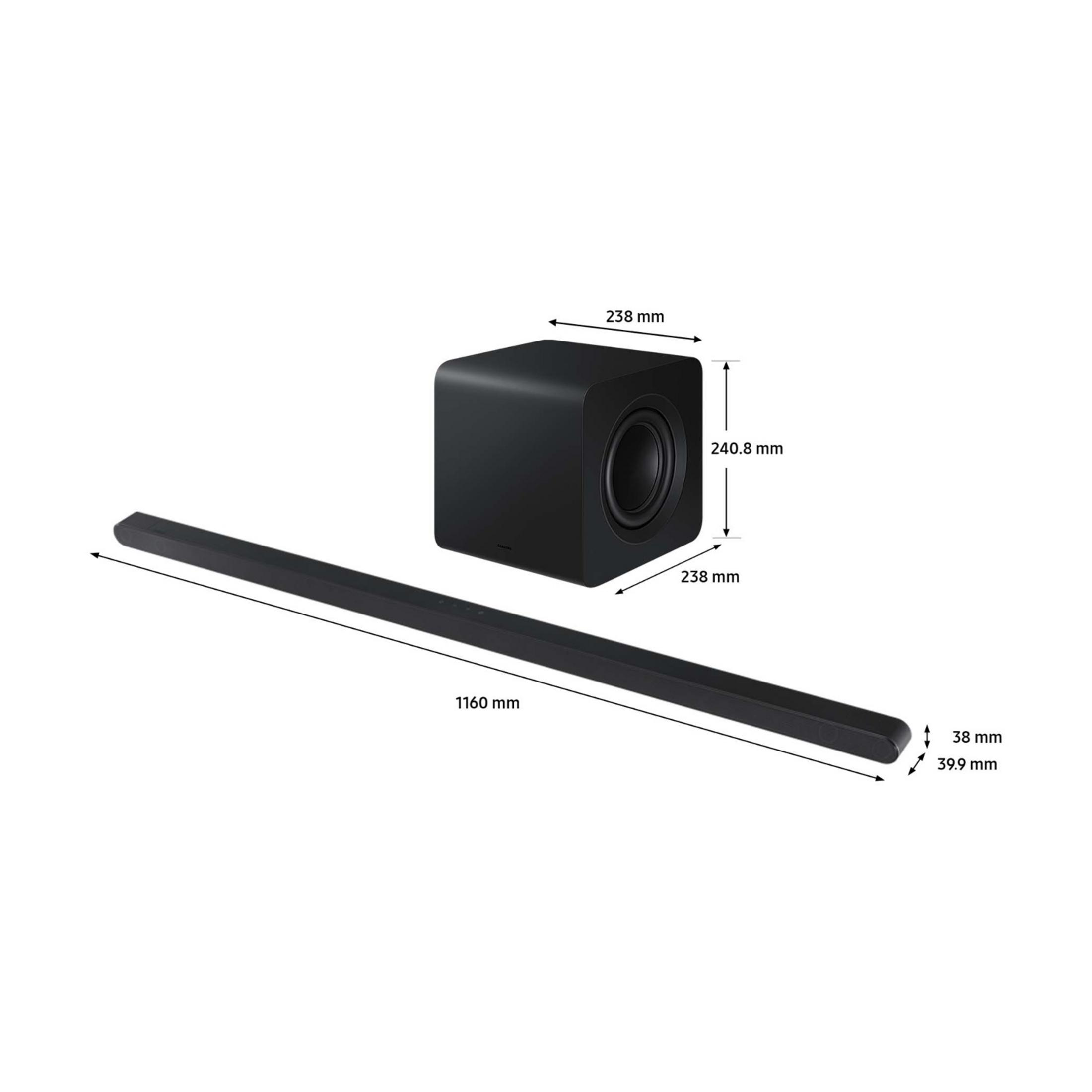 Black subwoofer and soundbar with dimensions.