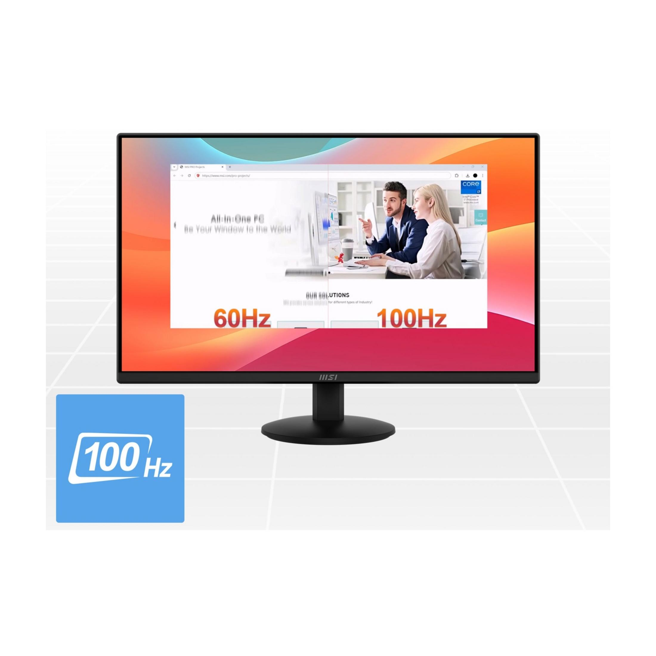 Monitor MSI mostra pagina web con persone e opzioni 60Hz/100Hz. Icona blu 100Hz.